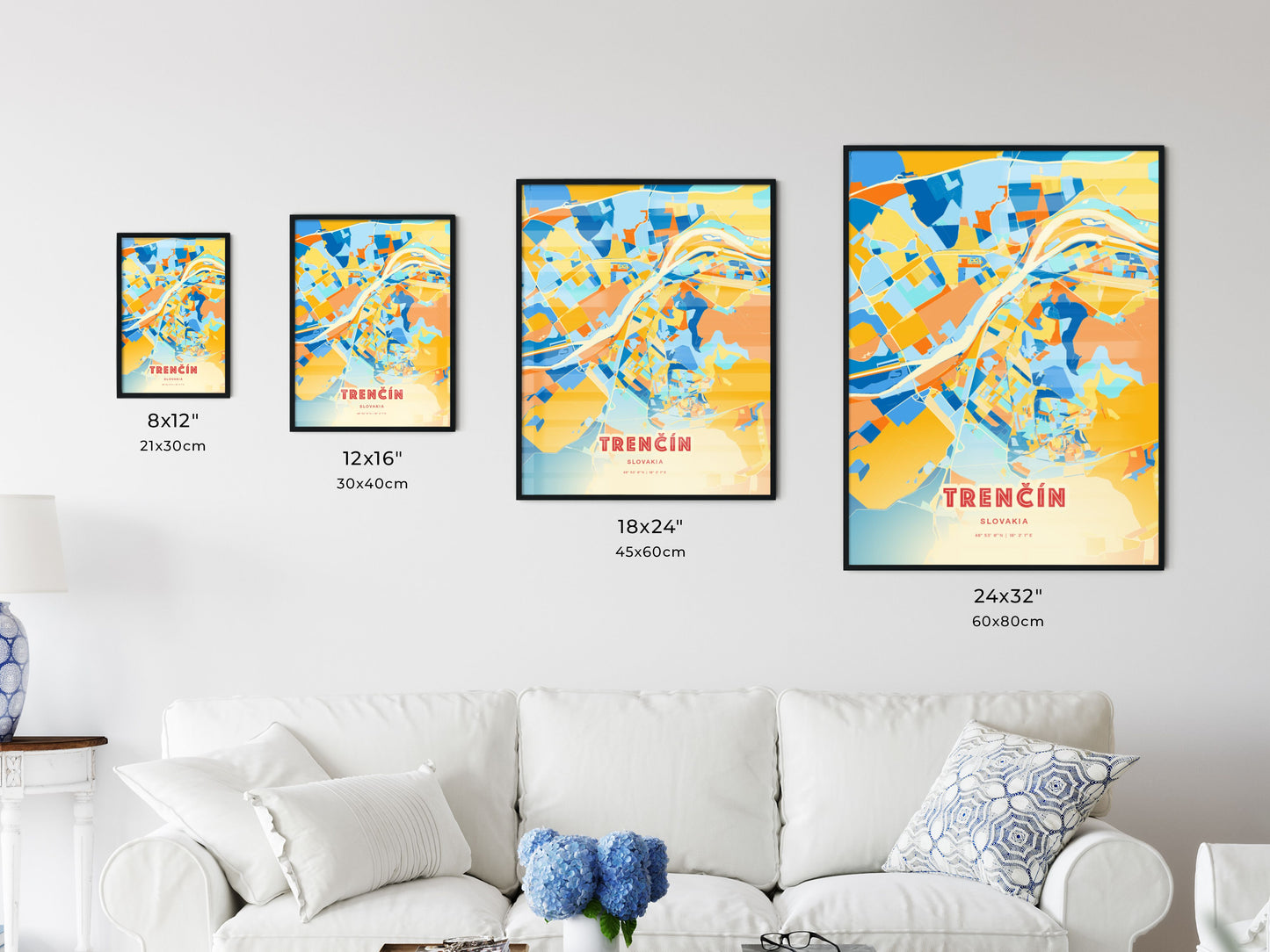 Colorful TRENČÍN SLOVAKIA Fine Art Map Blue Orange