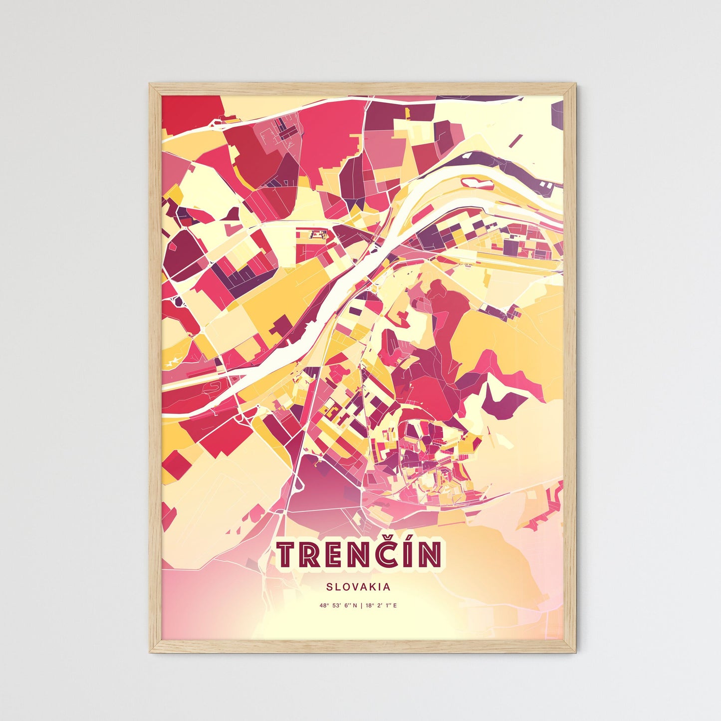 Colorful TRENČÍN SLOVAKIA Fine Art Map Hot Red