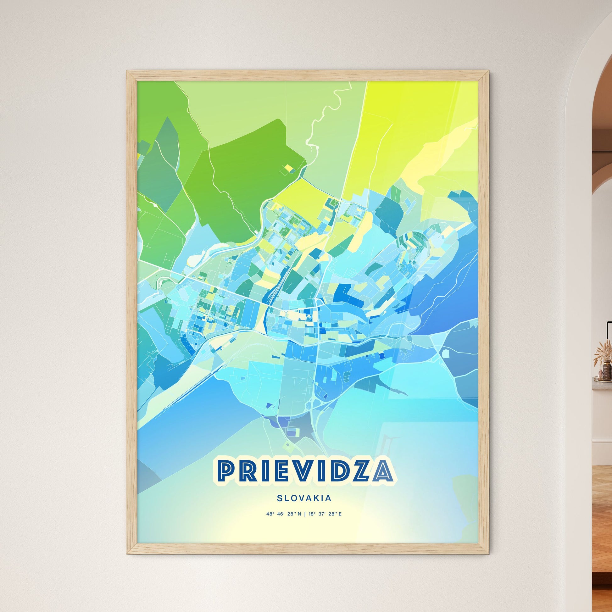 Colorful PRIEVIDZA SLOVAKIA Fine Art Map Cool Blue