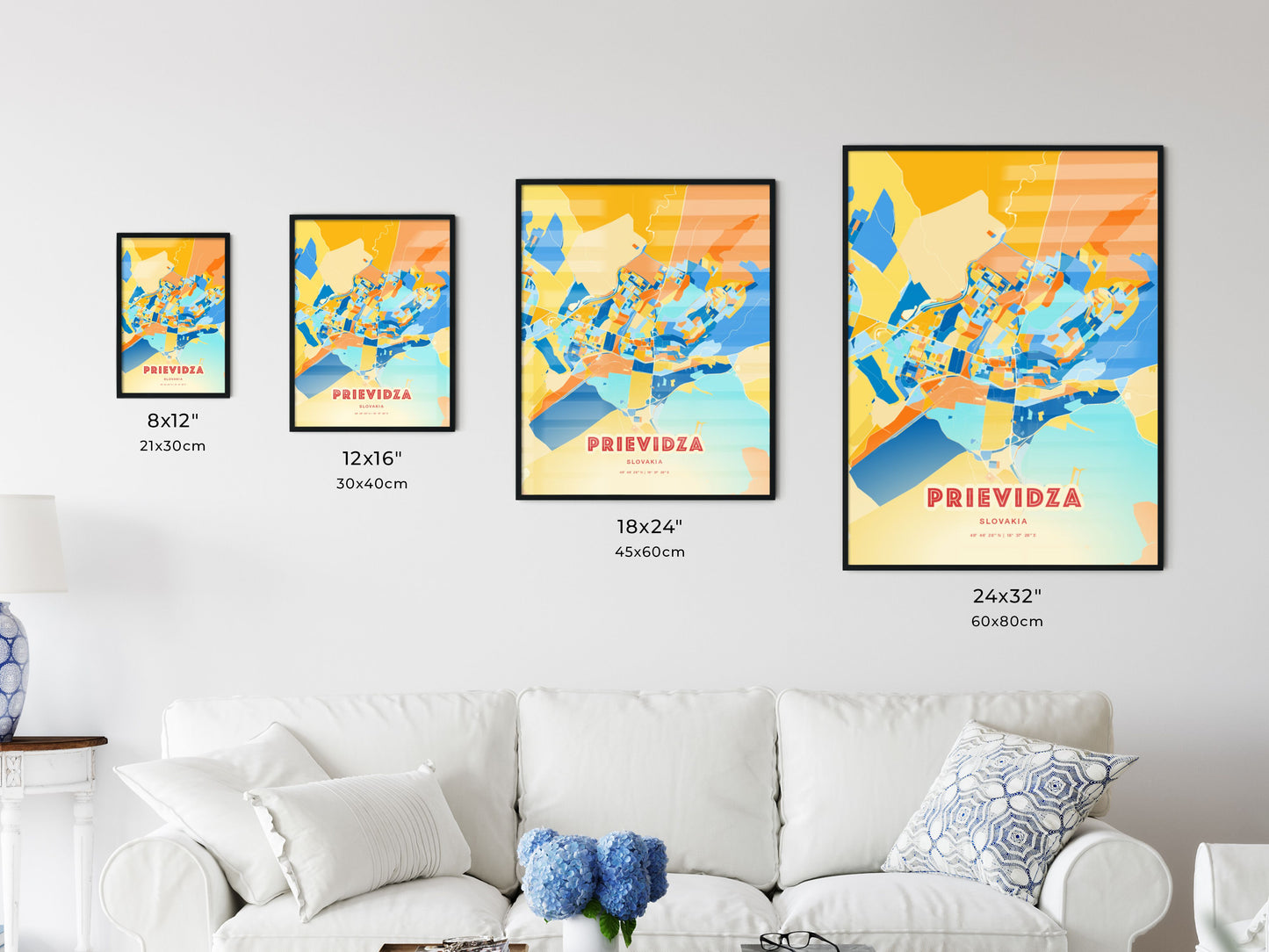 Colorful PRIEVIDZA SLOVAKIA Fine Art Map Blue Orange