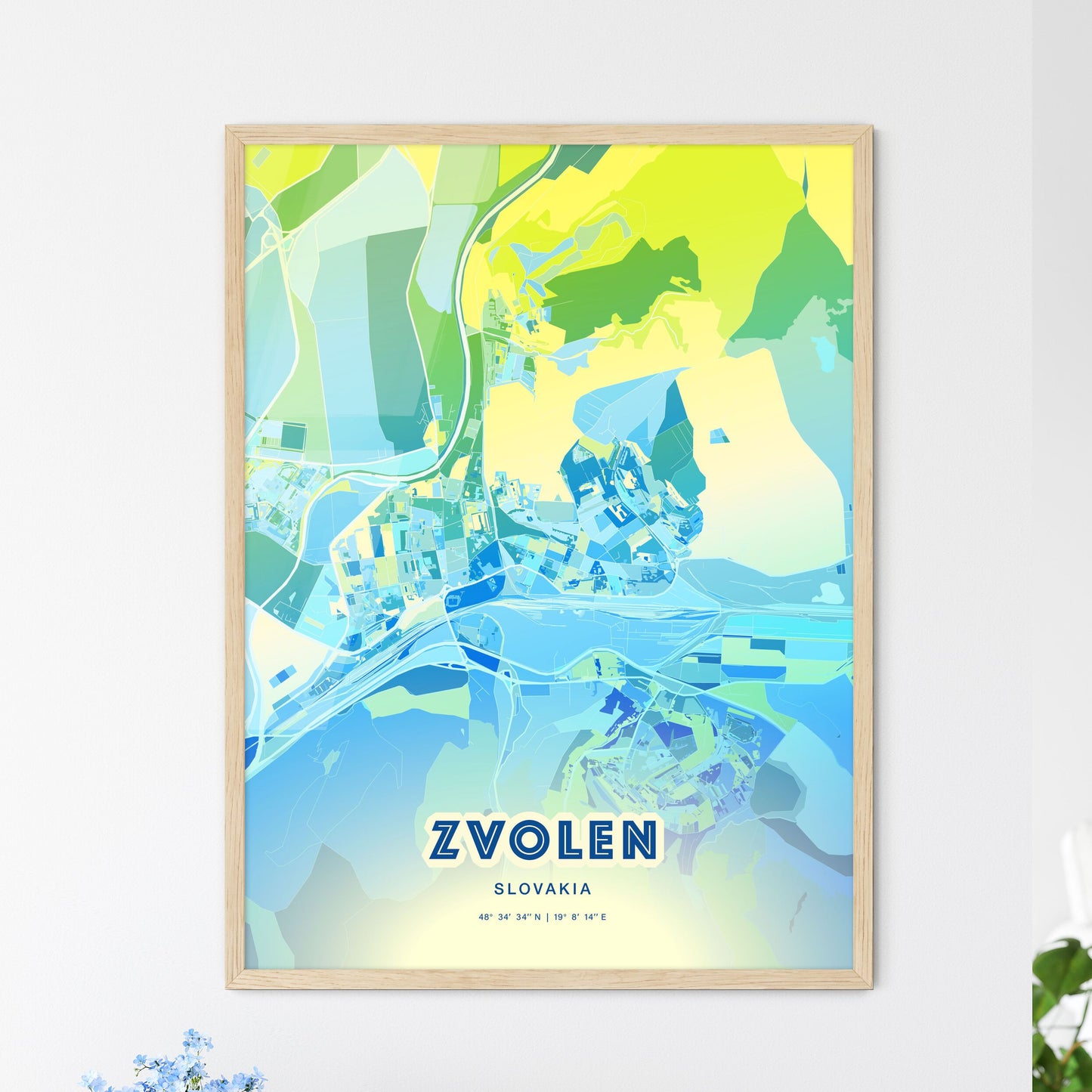 Colorful ZVOLEN SLOVAKIA Fine Art Map Cool Blue