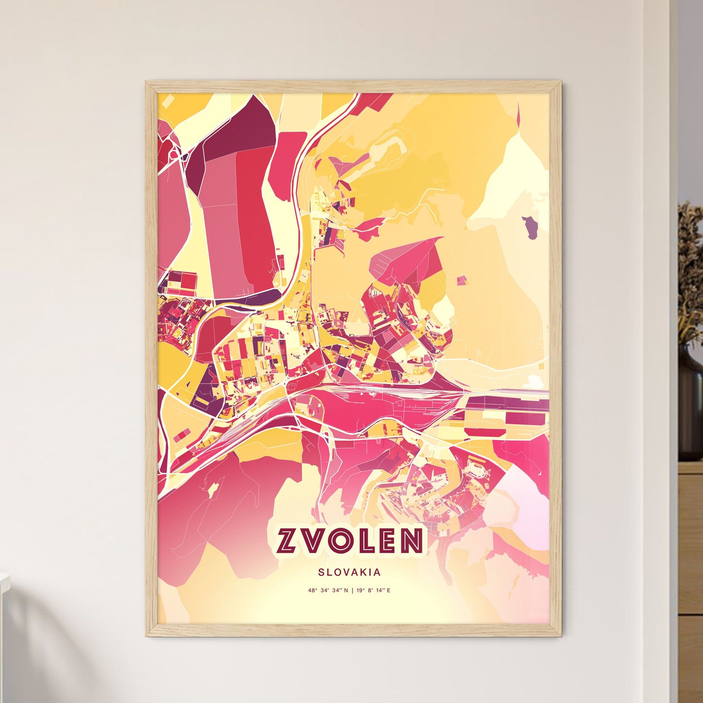 Colorful ZVOLEN SLOVAKIA Fine Art Map Hot Red