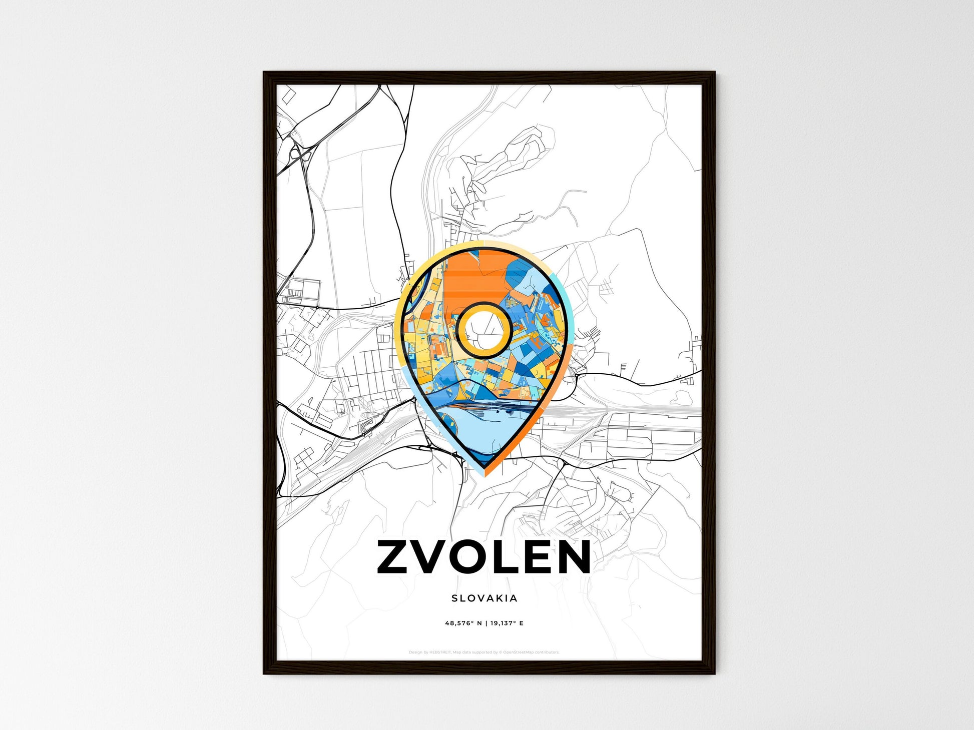 ZVOLEN SLOVAKIA minimal art map with a colorful icon. Where it all began, Couple map gift. Style 1