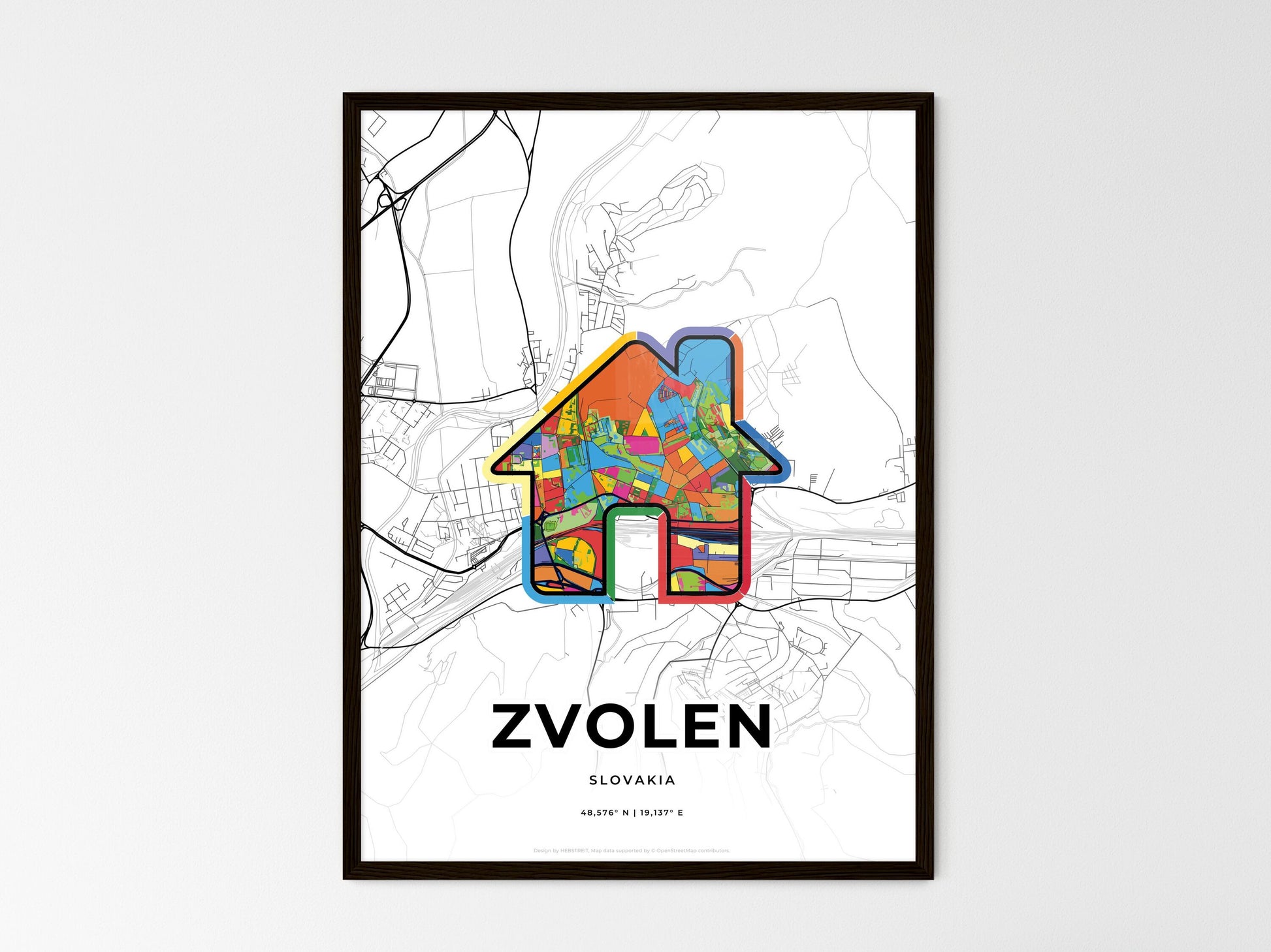 ZVOLEN SLOVAKIA minimal art map with a colorful icon. Where it all began, Couple map gift. Style 3