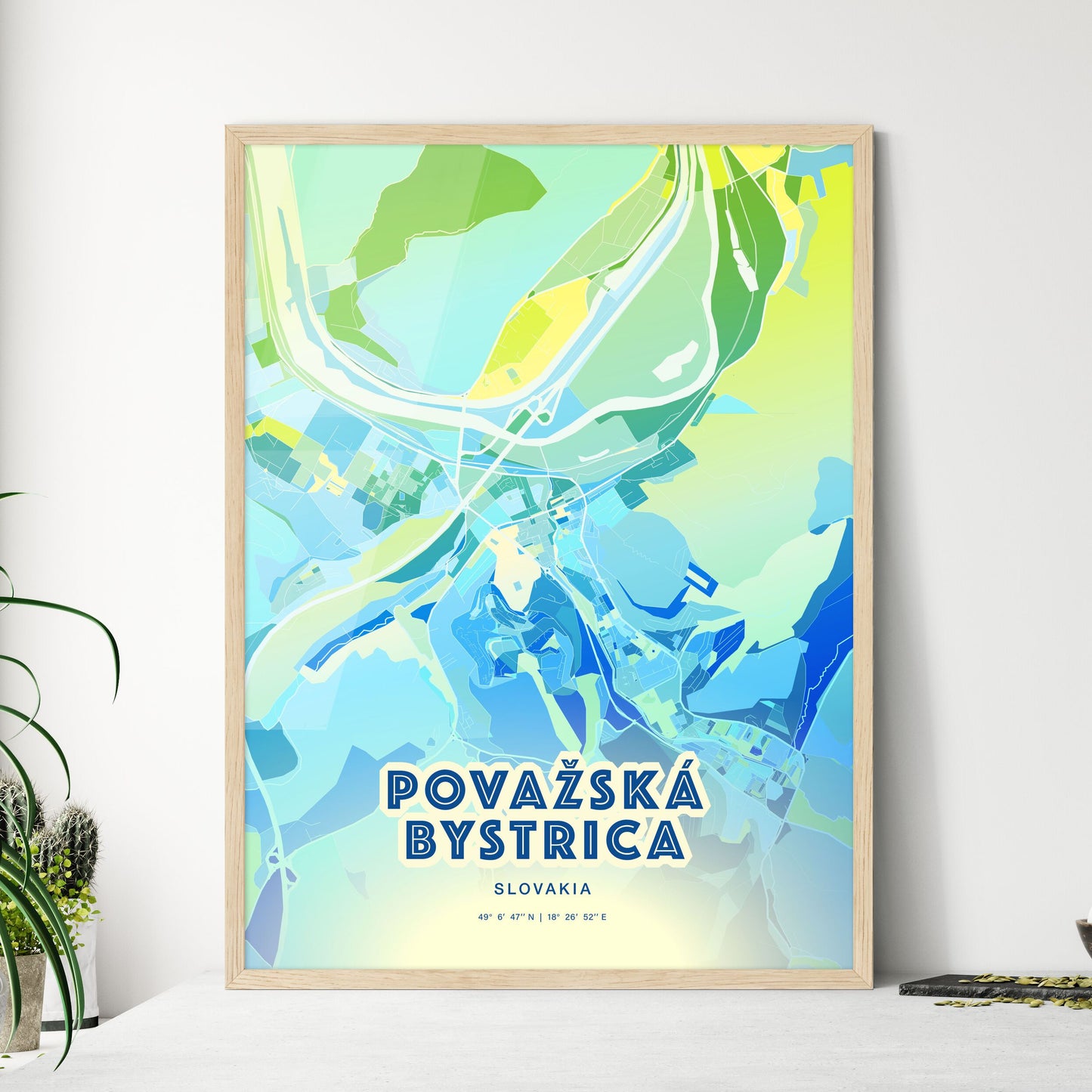 Colorful POVAŽSKÁ BYSTRICA SLOVAKIA Fine Art Map Cool Blue