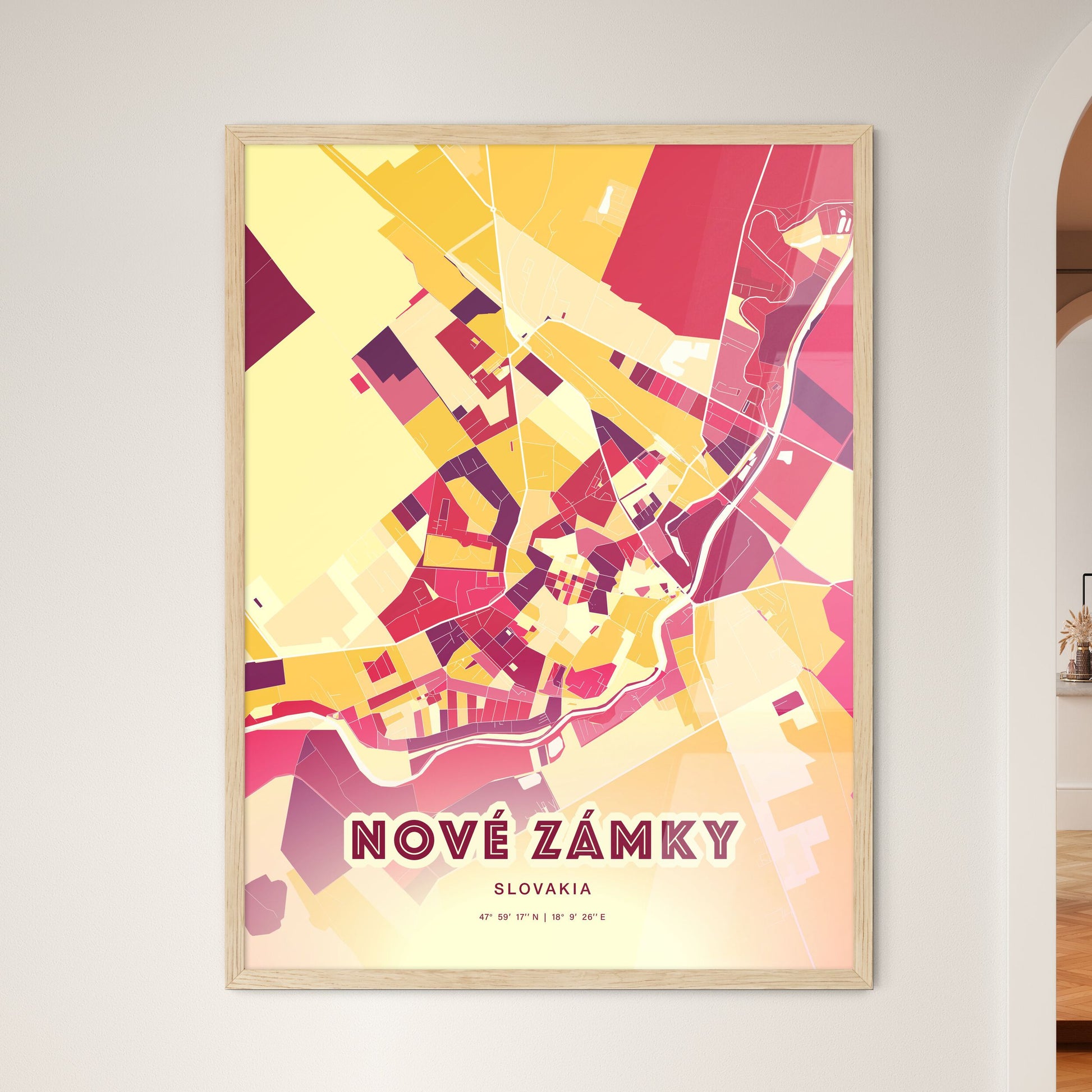 Colorful NOVÉ ZÁMKY SLOVAKIA Fine Art Map Hot Red