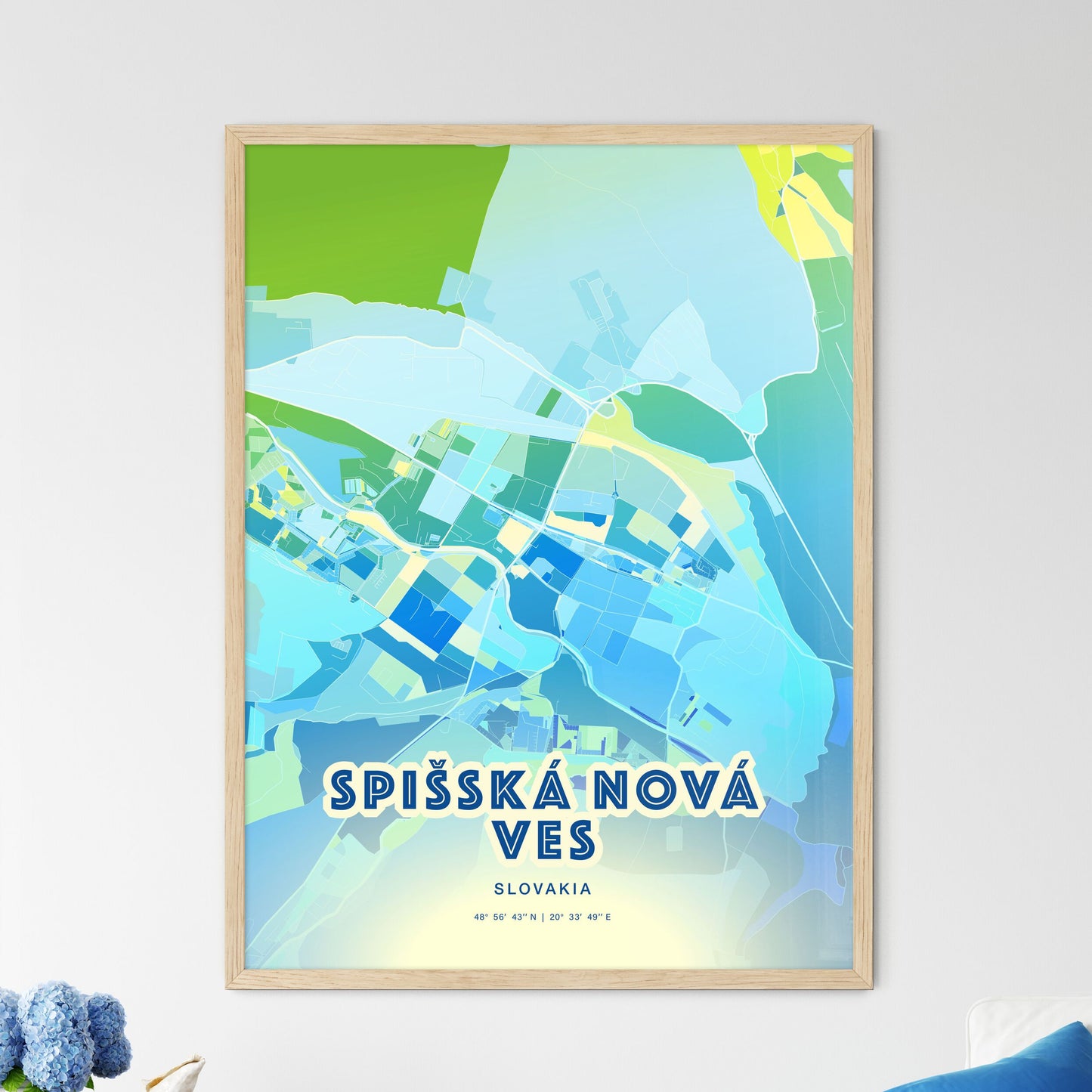 Colorful SPIŠSKÁ NOVÁ VES SLOVAKIA Fine Art Map Cool Blue