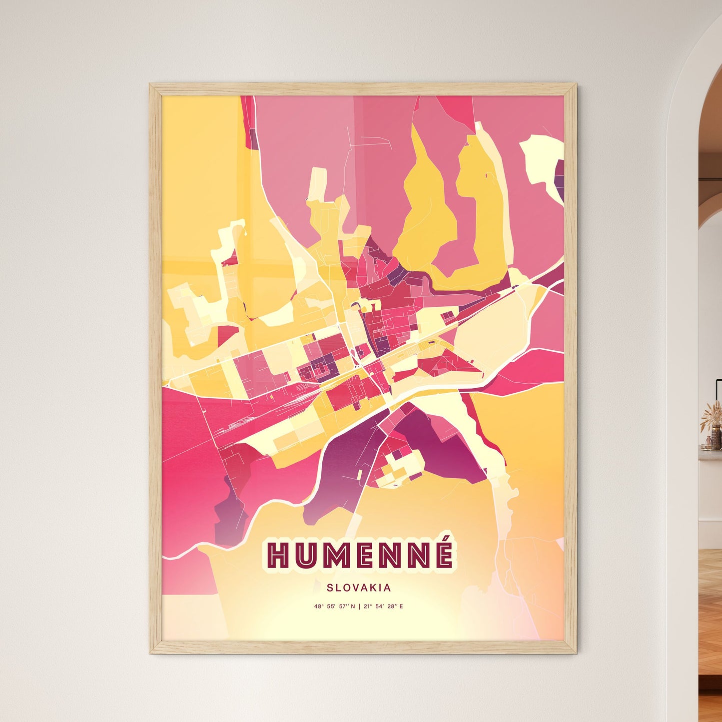 Colorful HUMENNÉ SLOVAKIA Fine Art Map Hot Red