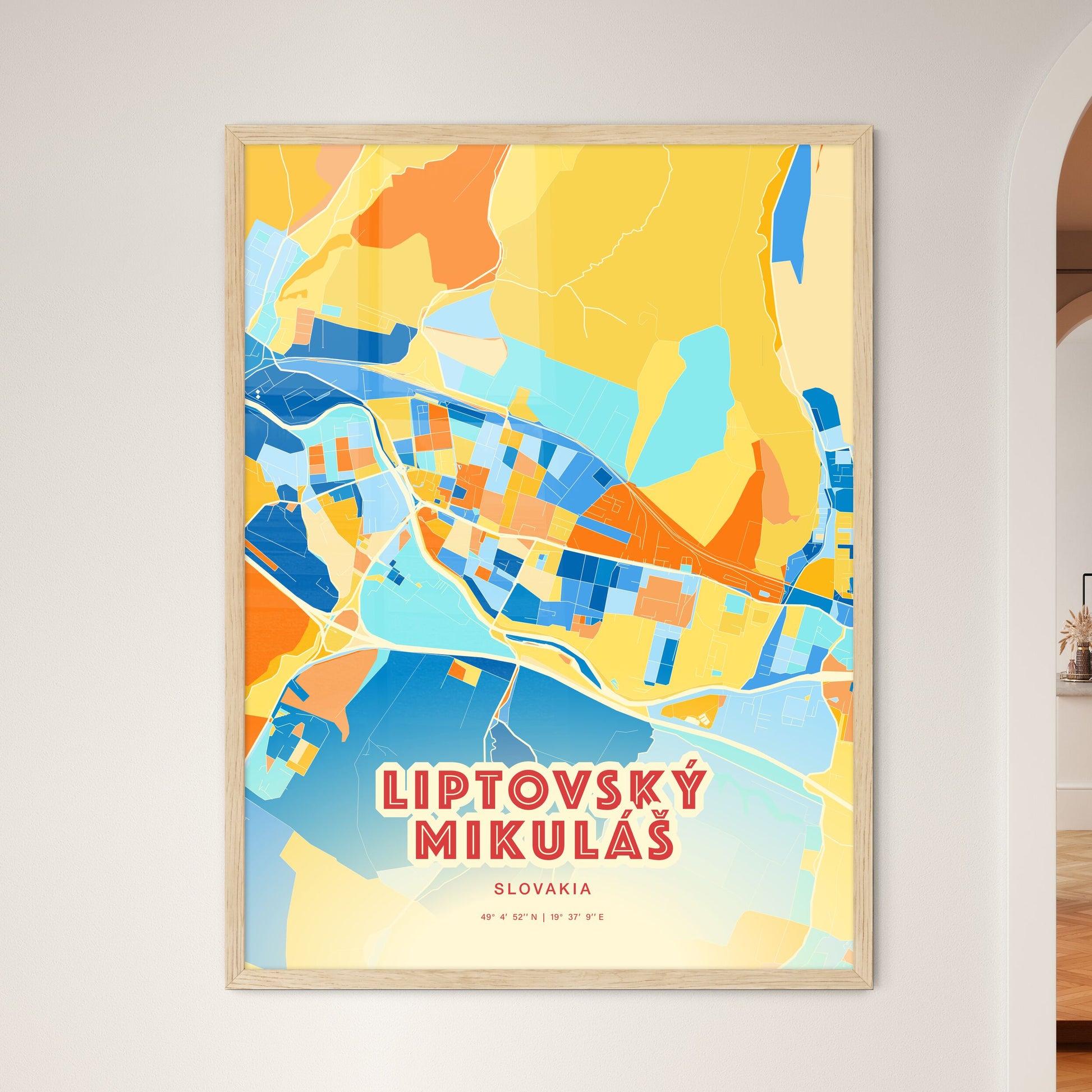 Colorful LIPTOVSKÝ MIKULÁŠ SLOVAKIA Fine Art Map Blue Orange