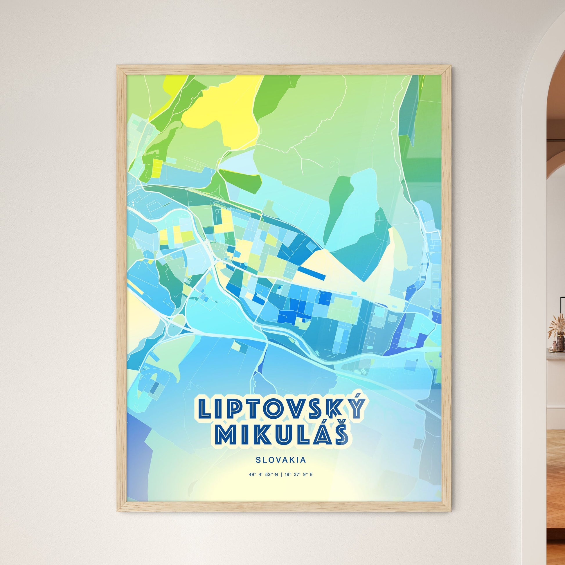 Colorful LIPTOVSKÝ MIKULÁŠ SLOVAKIA Fine Art Map Cool Blue