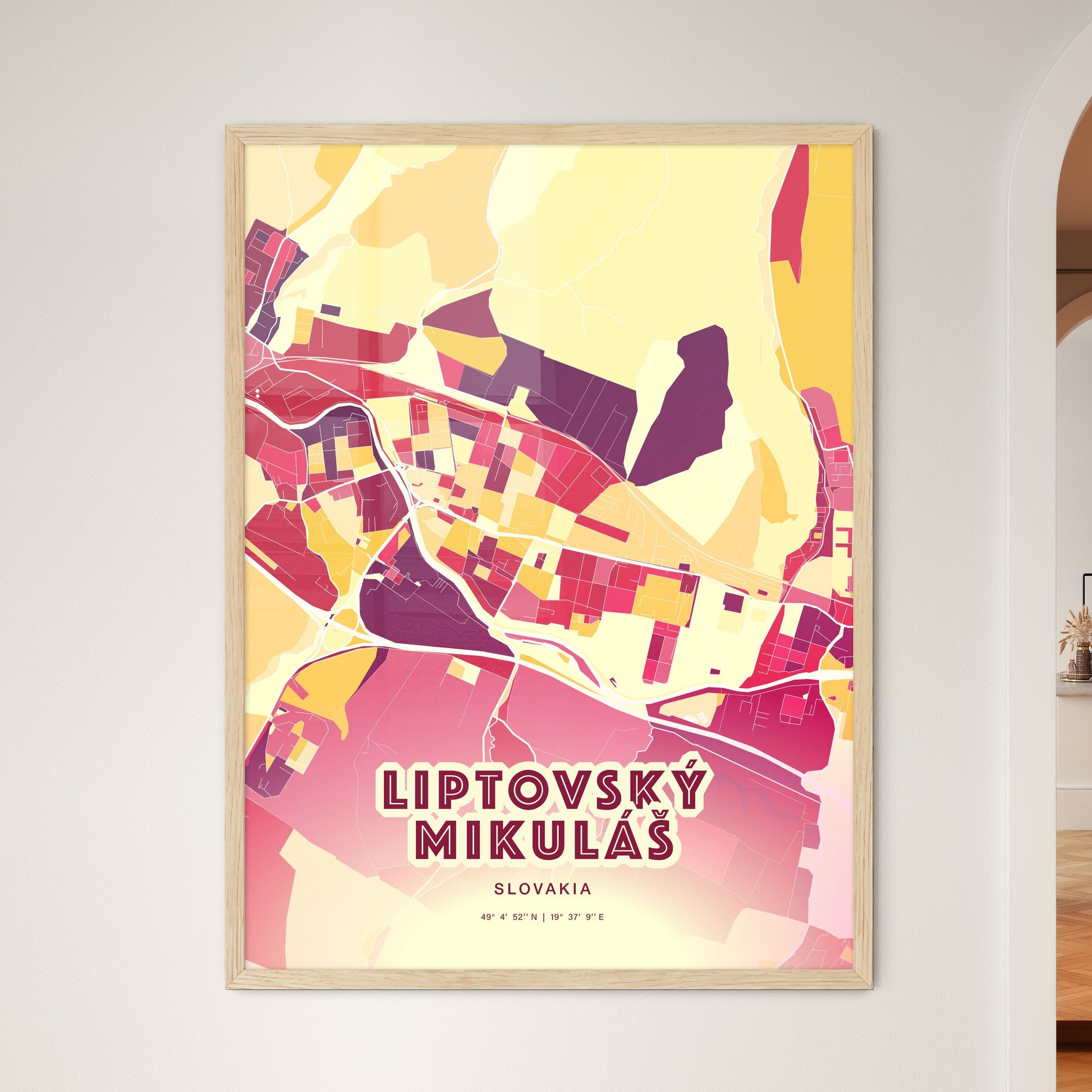 Colorful LIPTOVSKÝ MIKULÁŠ SLOVAKIA Fine Art Map Hot Red