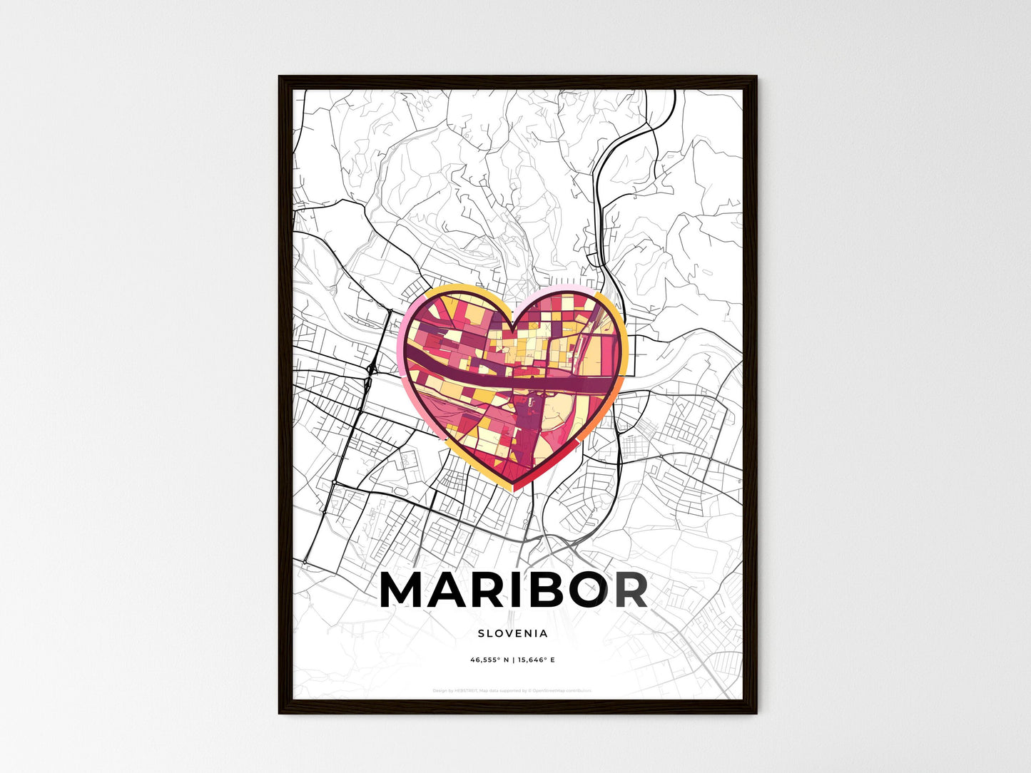 Maribor Slovenia wedding art map with heart icon