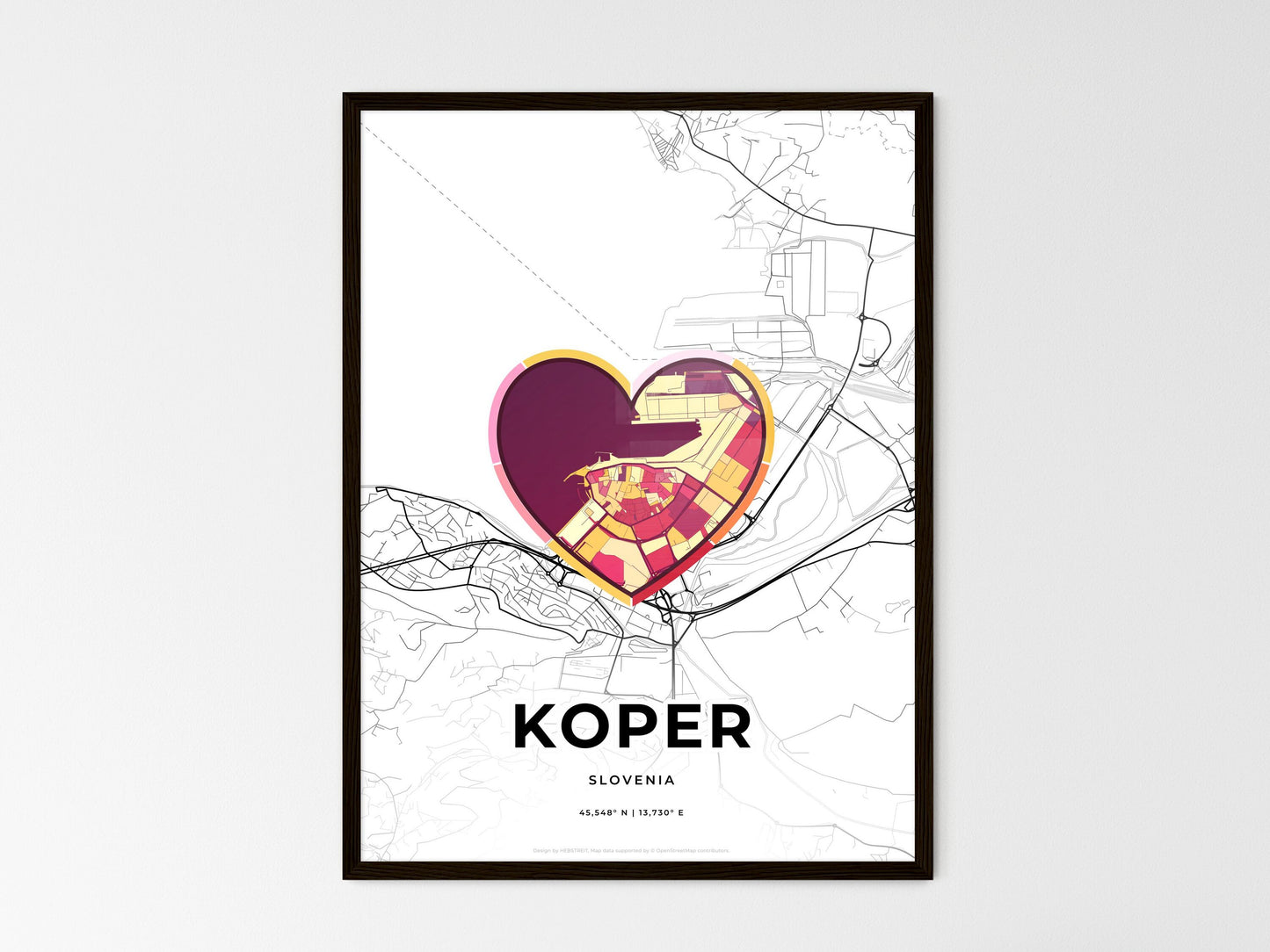 Koper Slovenia wedding art map with heart icon