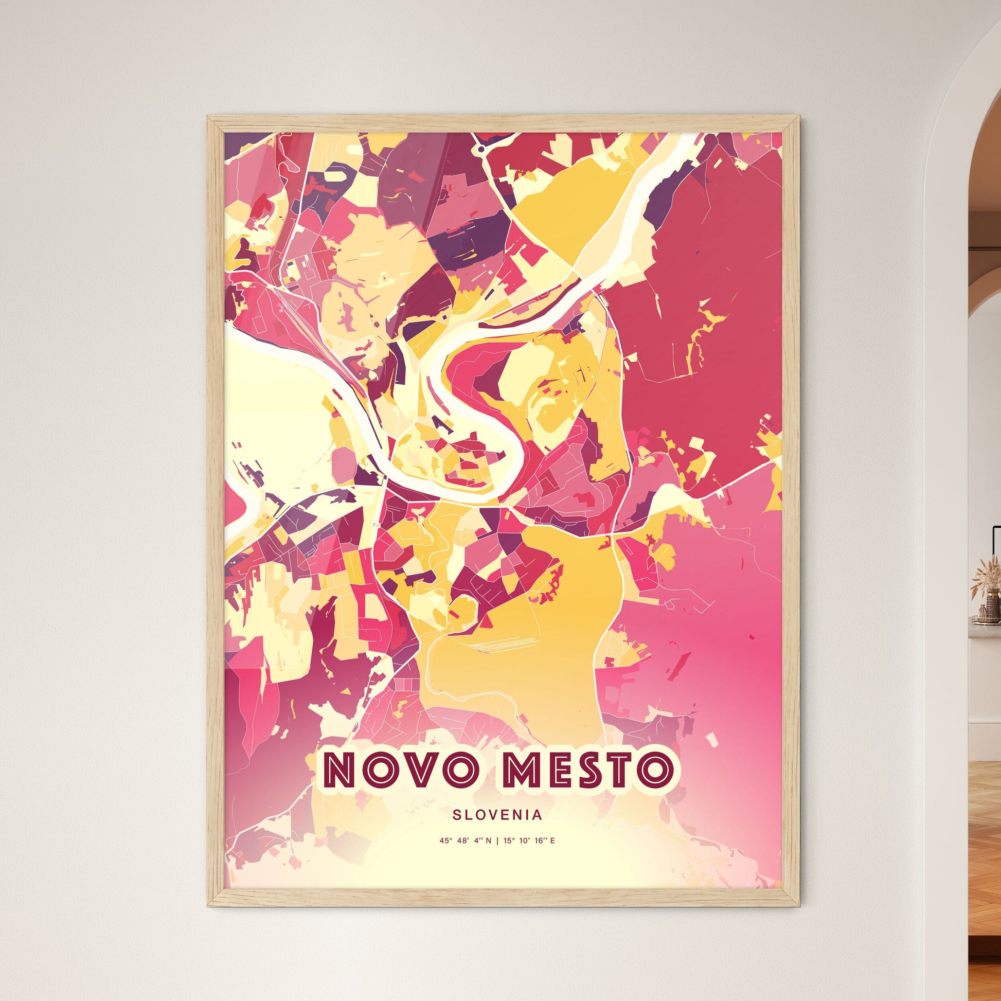 Colorful NOVO MESTO SLOVENIA Fine Art Map Hot Red