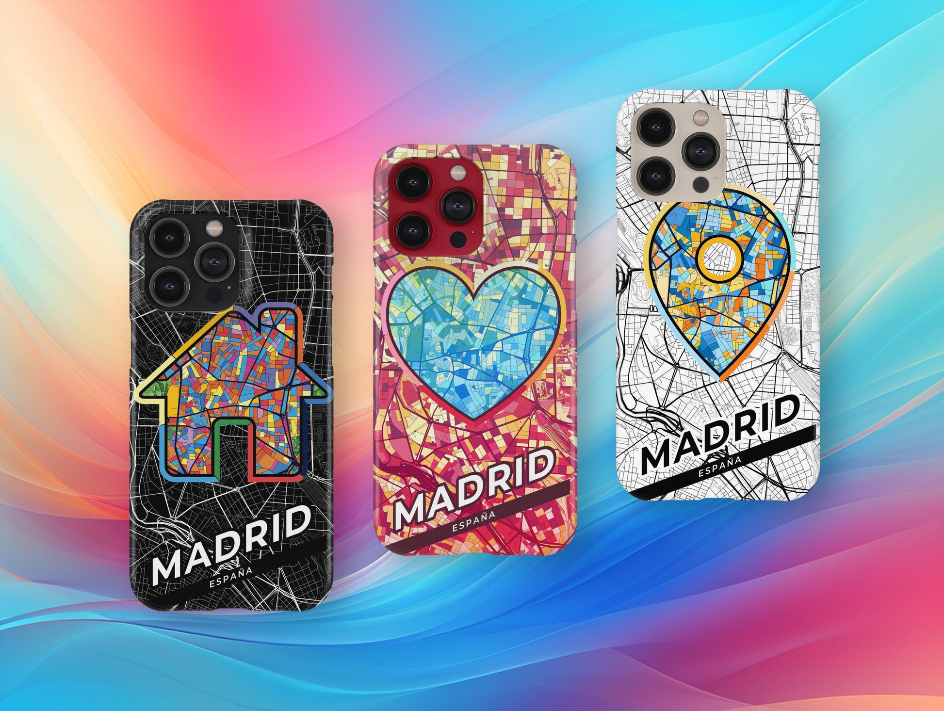 Madrid Spain slim phone case with colorful icon. Birthday, wedding or housewarming gift. Couple match cases.