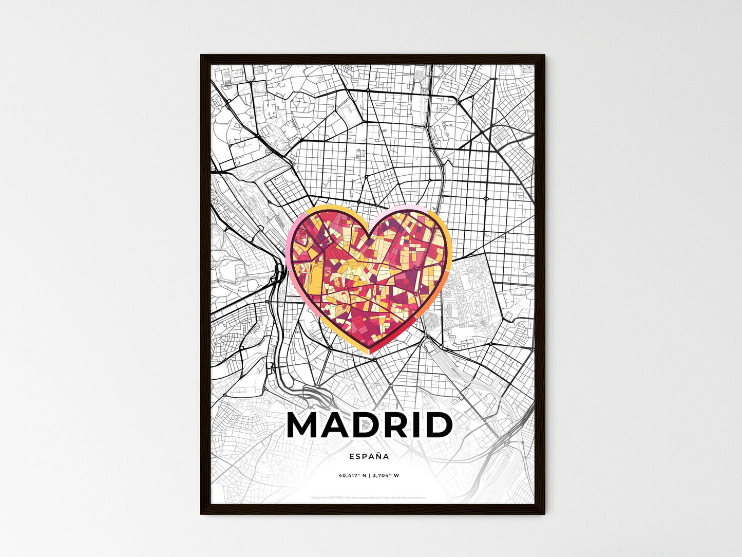 Madrid Spain wedding art map with heart icon