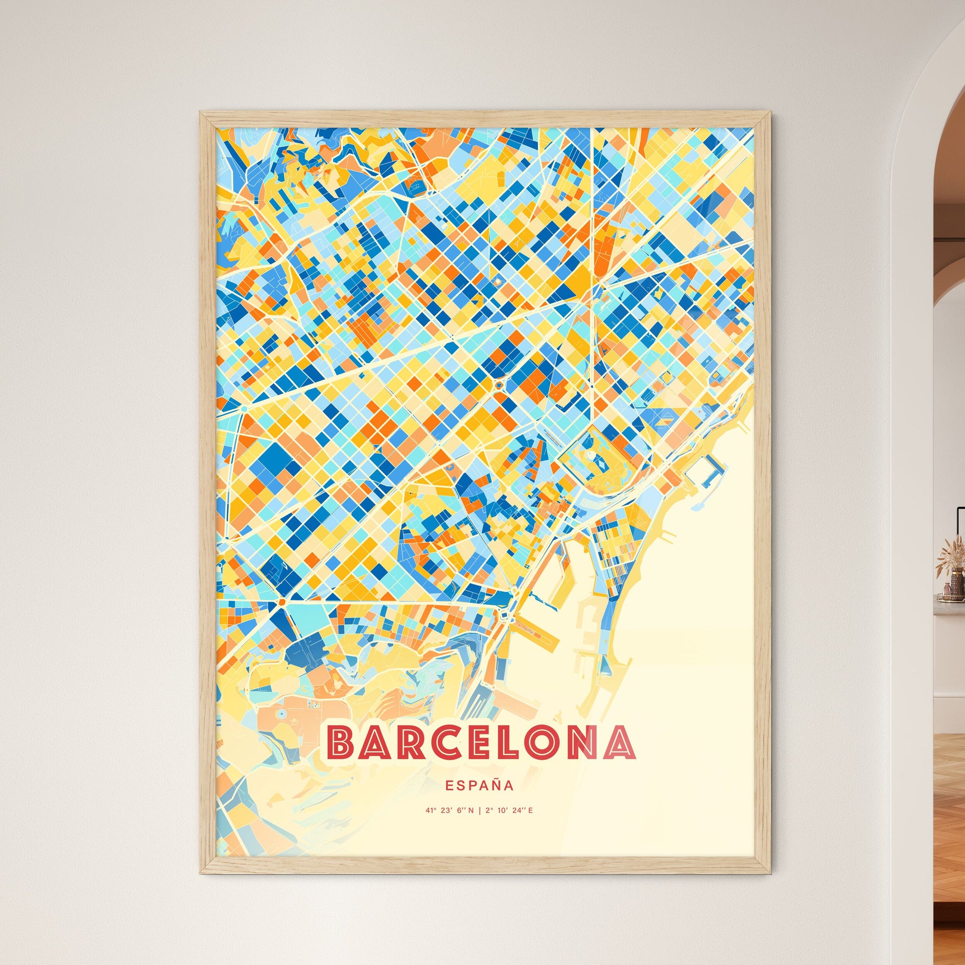 Colorful Barcelona Spain Fine Art Map Blue Orange