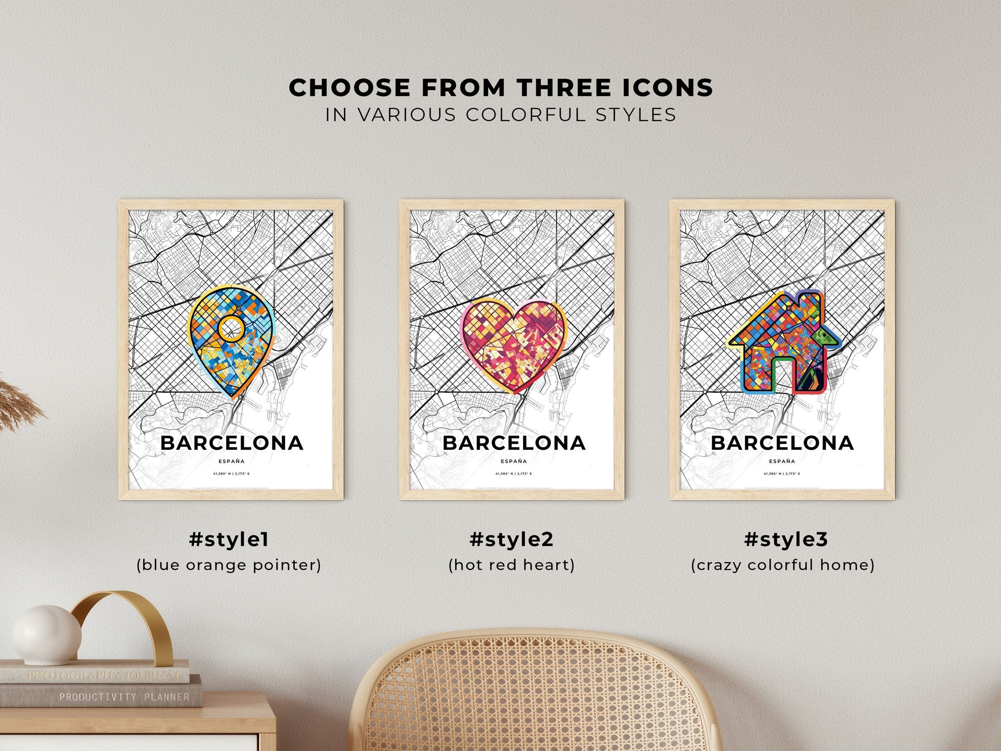 Barcelona Spain maps with colorful icons