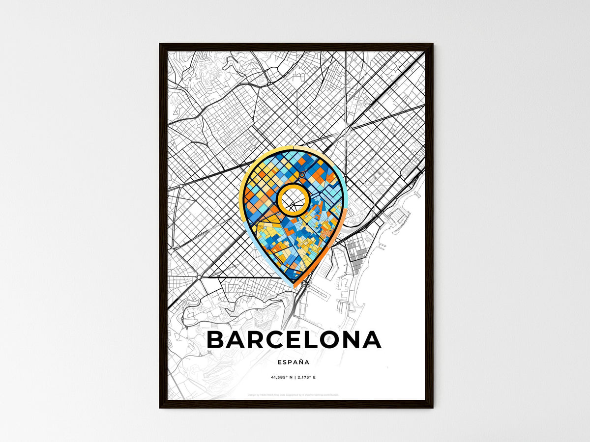 Barcelona Spain wedding art map with pointer icon