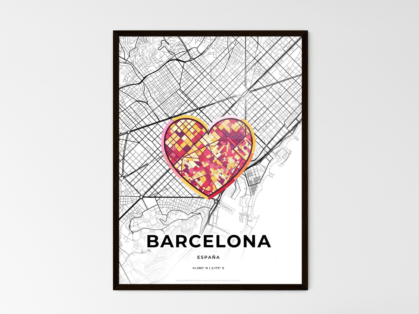 Barcelona Spain wedding art map with heart icon
