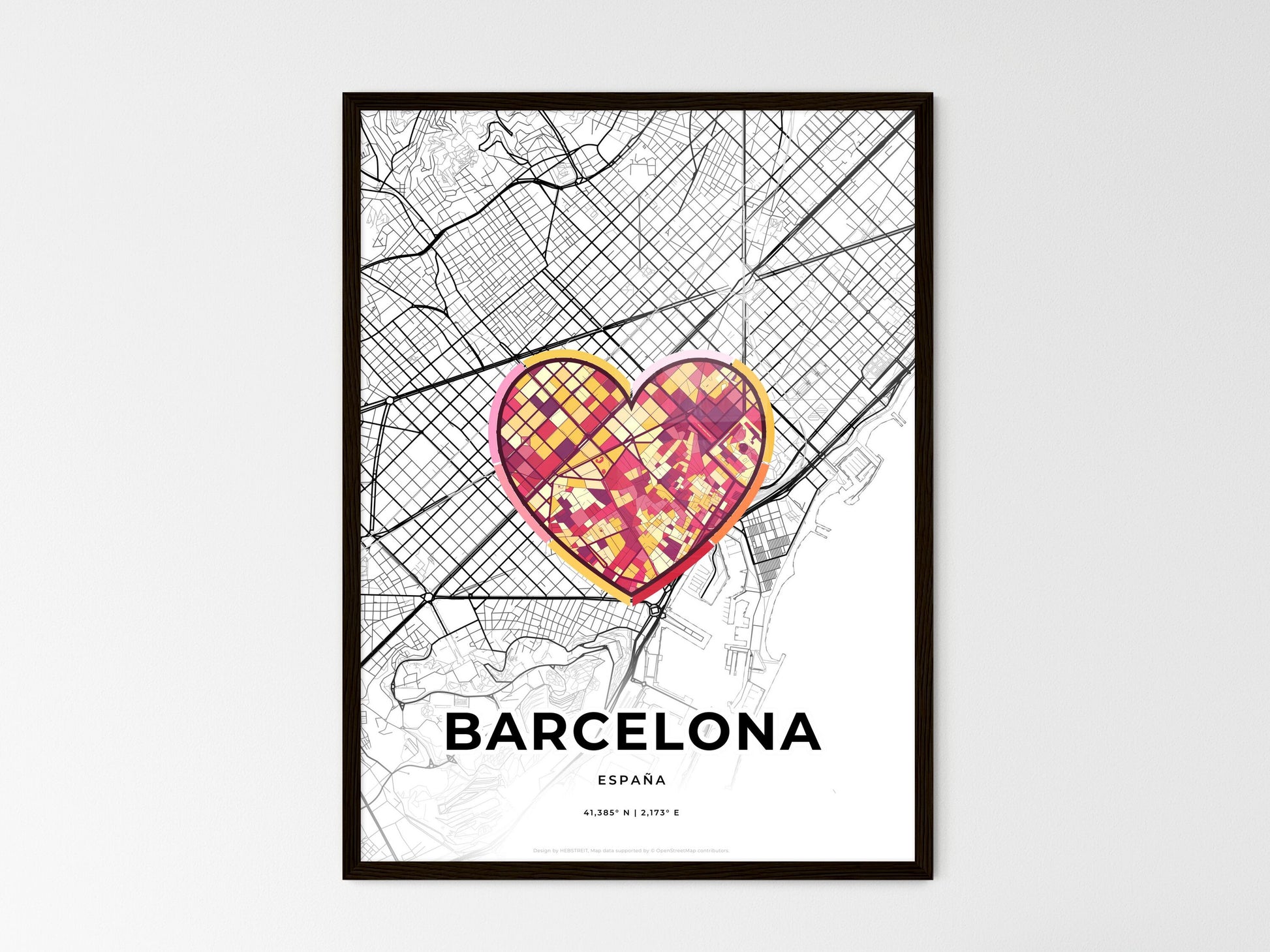 Barcelona Spain wedding art map with heart icon