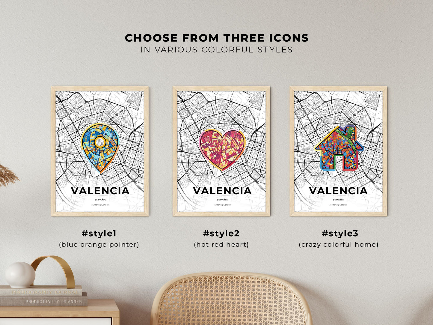 VALENCIA SPAIN minimal art map with a colorful icon. Where it all began, Couple map gift.