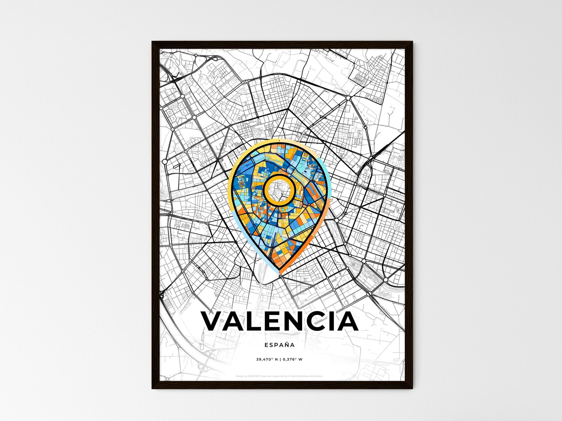 Valencia Spain wedding art map with pointer icon