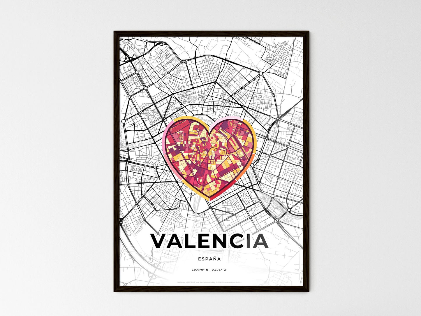 Valencia Spain wedding art map with heart icon