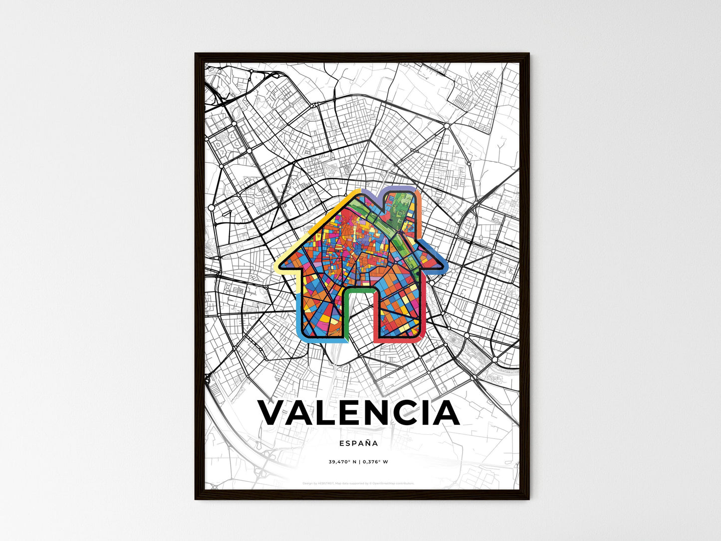 VALENCIA SPAIN minimal art map with a colorful icon. Where it all began, Couple map gift. Style 3