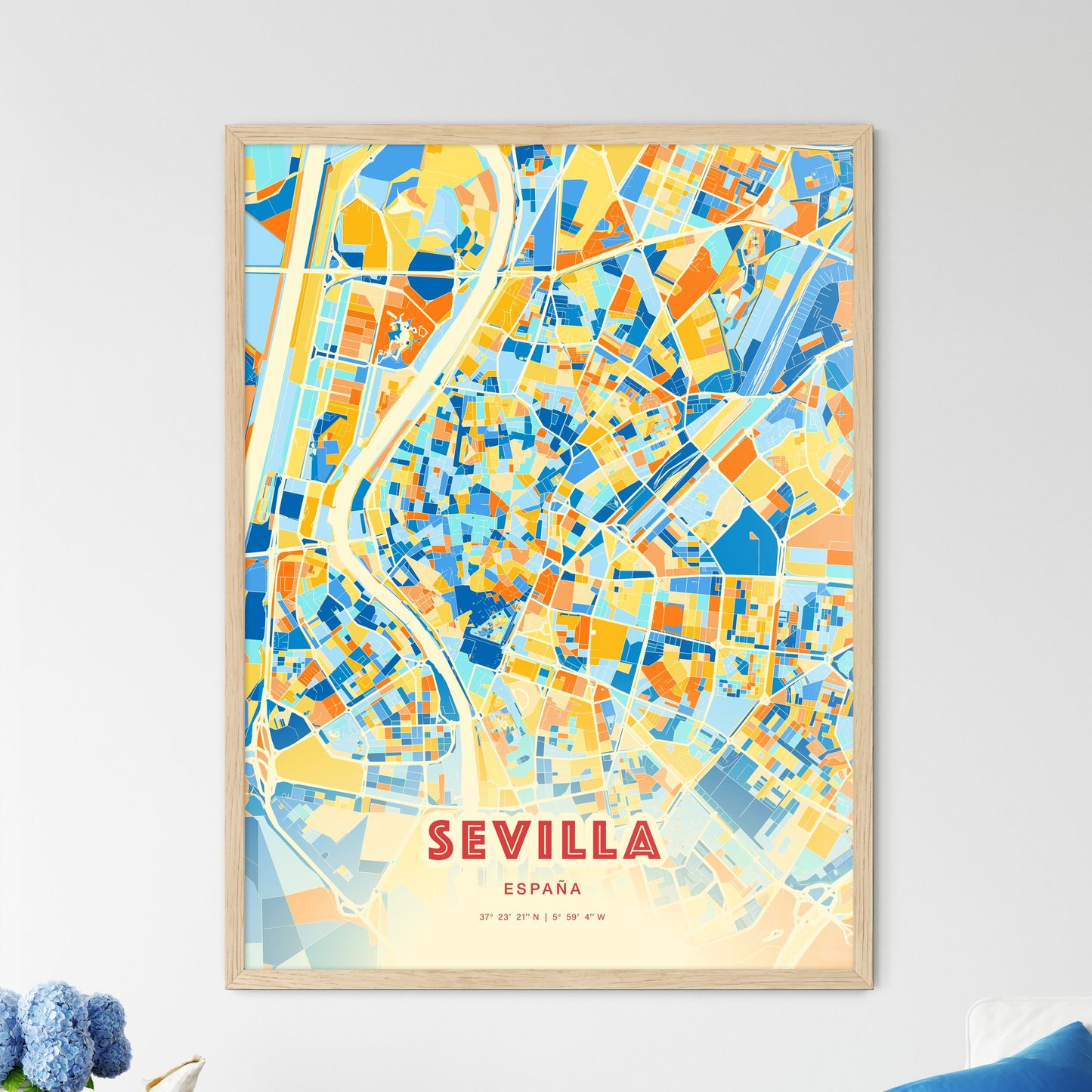 Colorful Sevilla Spain Fine Art Map Blue Orange