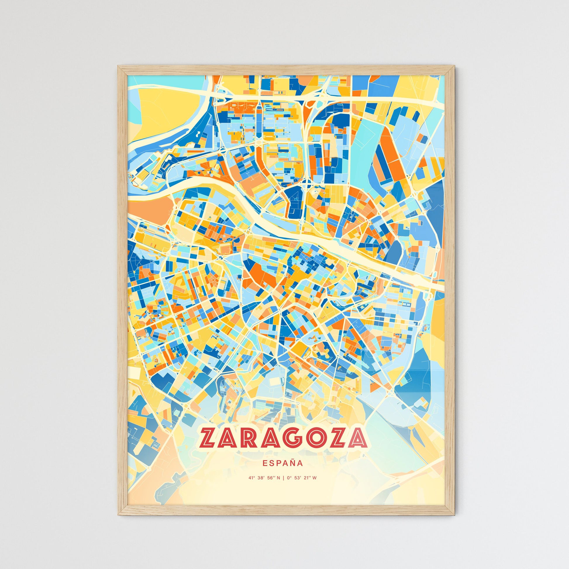 Colorful Zaragoza Spain Fine Art Map Blue Orange