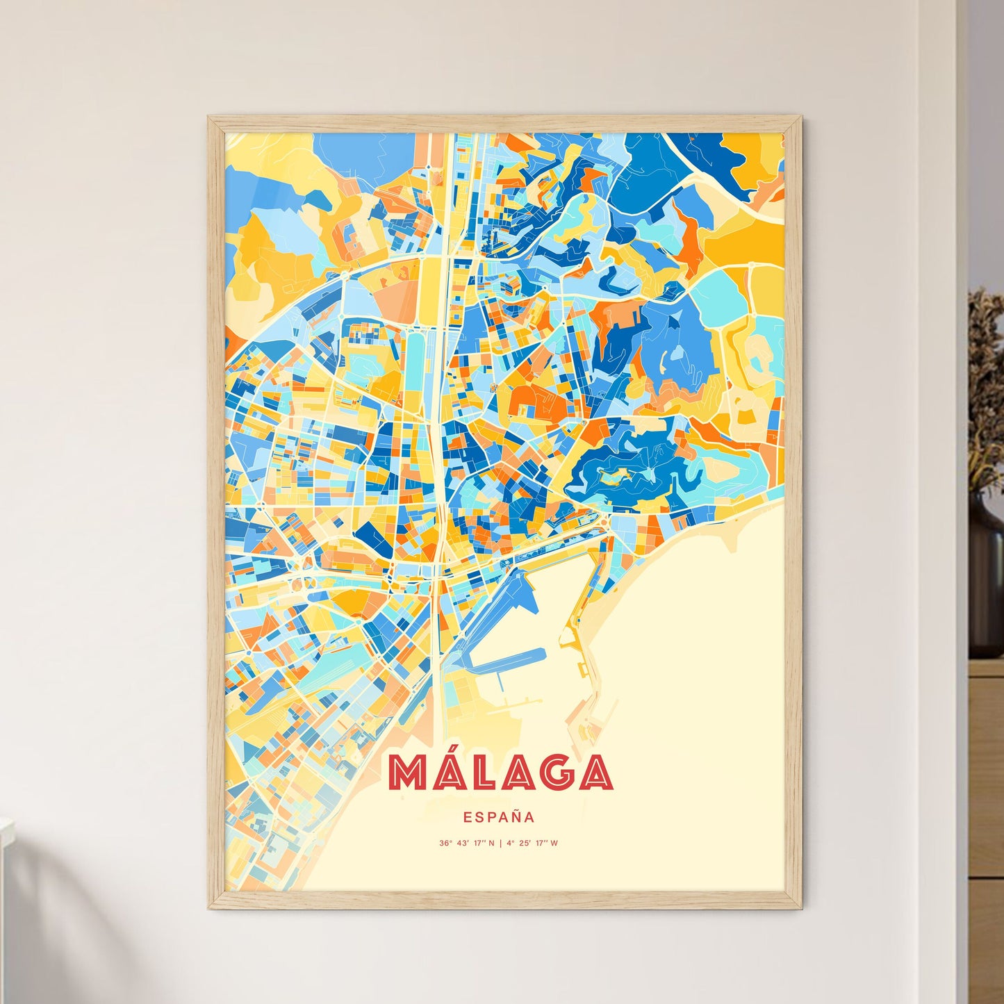 Colorful Málaga Spain Fine Art Map Blue Orange