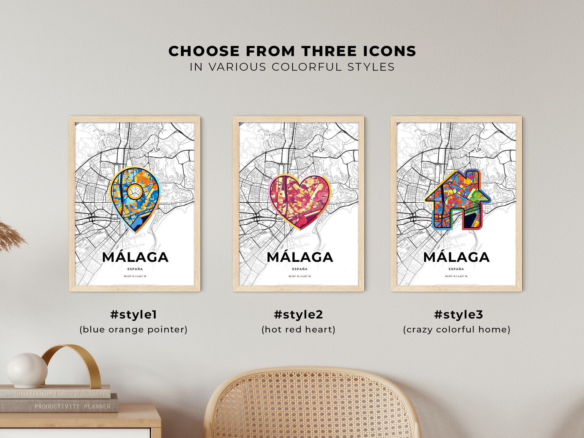 Málaga Spain maps with colorful icons