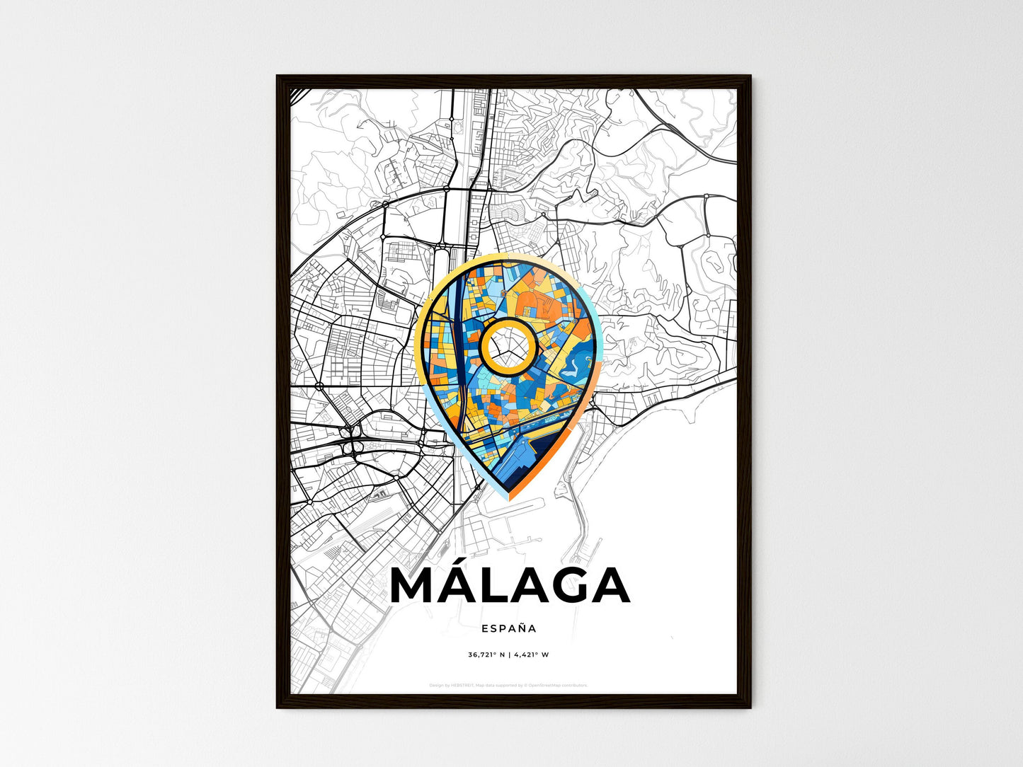 Málaga Spain wedding art map with pointer icon