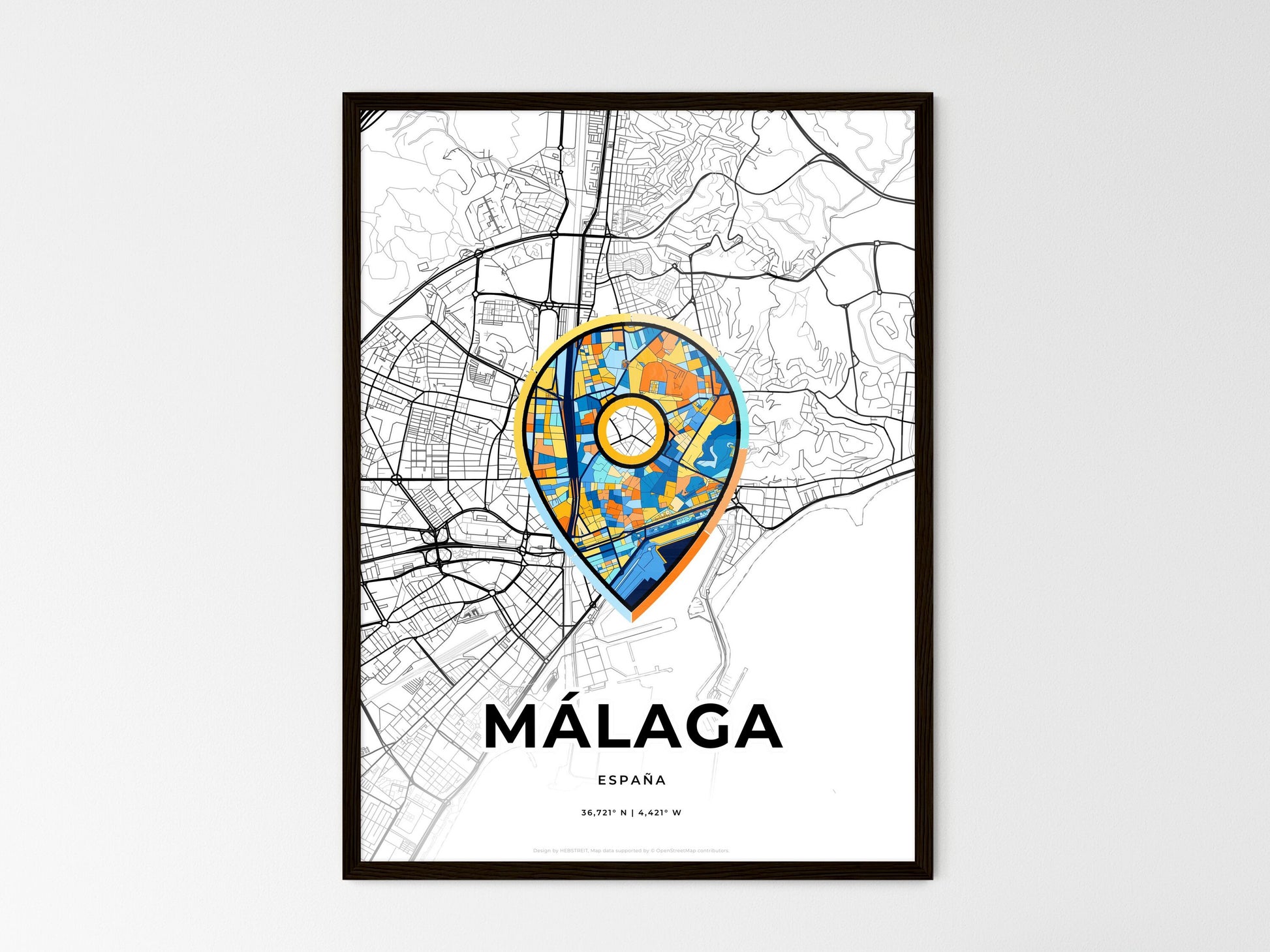 Málaga Spain wedding art map with pointer icon