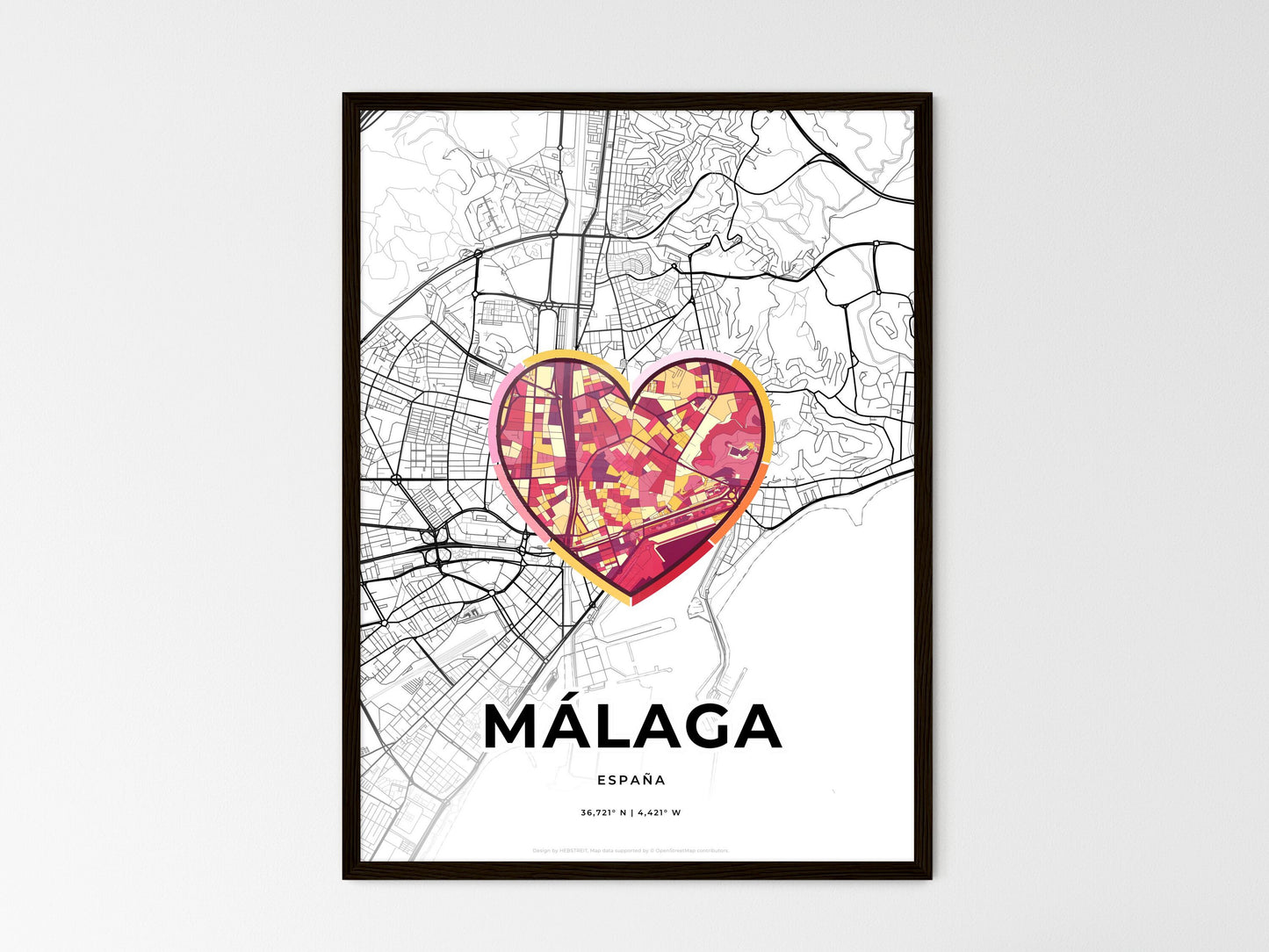Málaga Spain wedding art map with heart icon