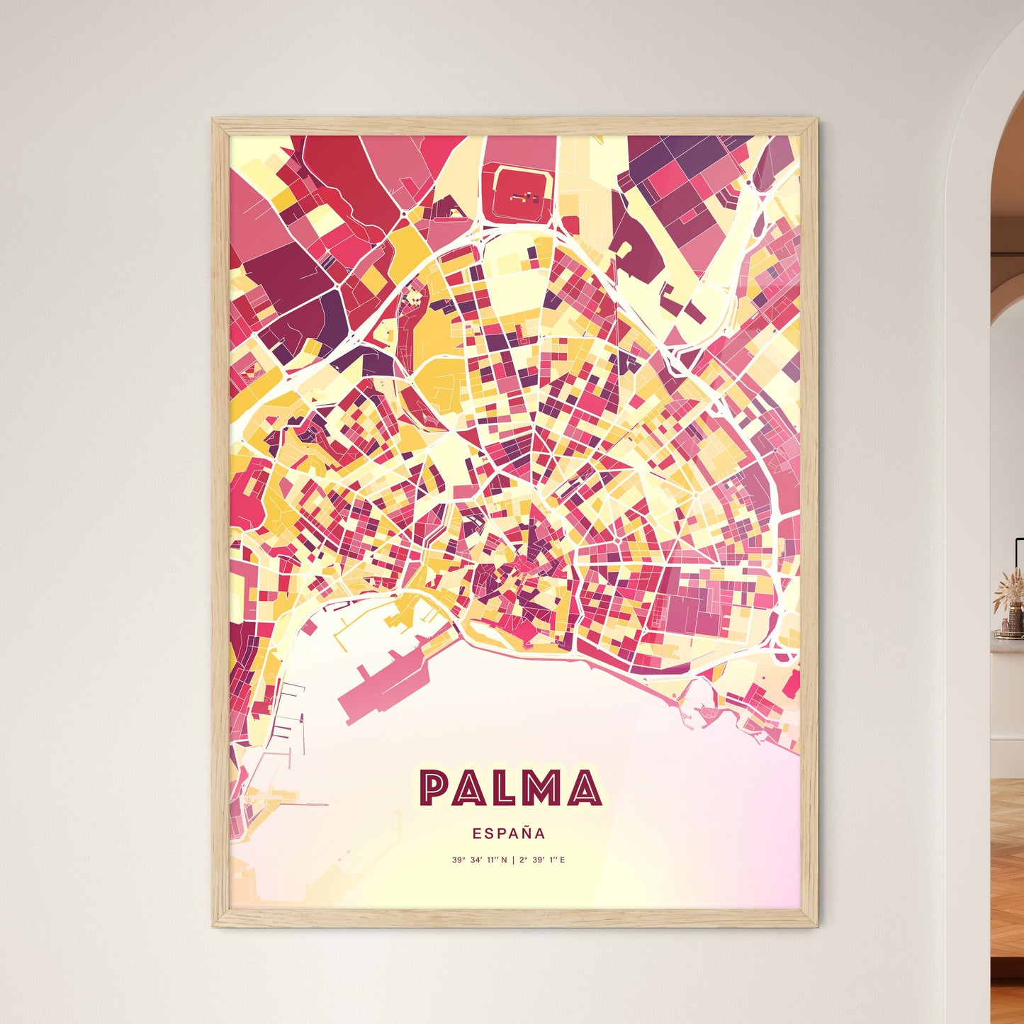 Colorful PALMA SPAIN Fine Art Map Hot Red