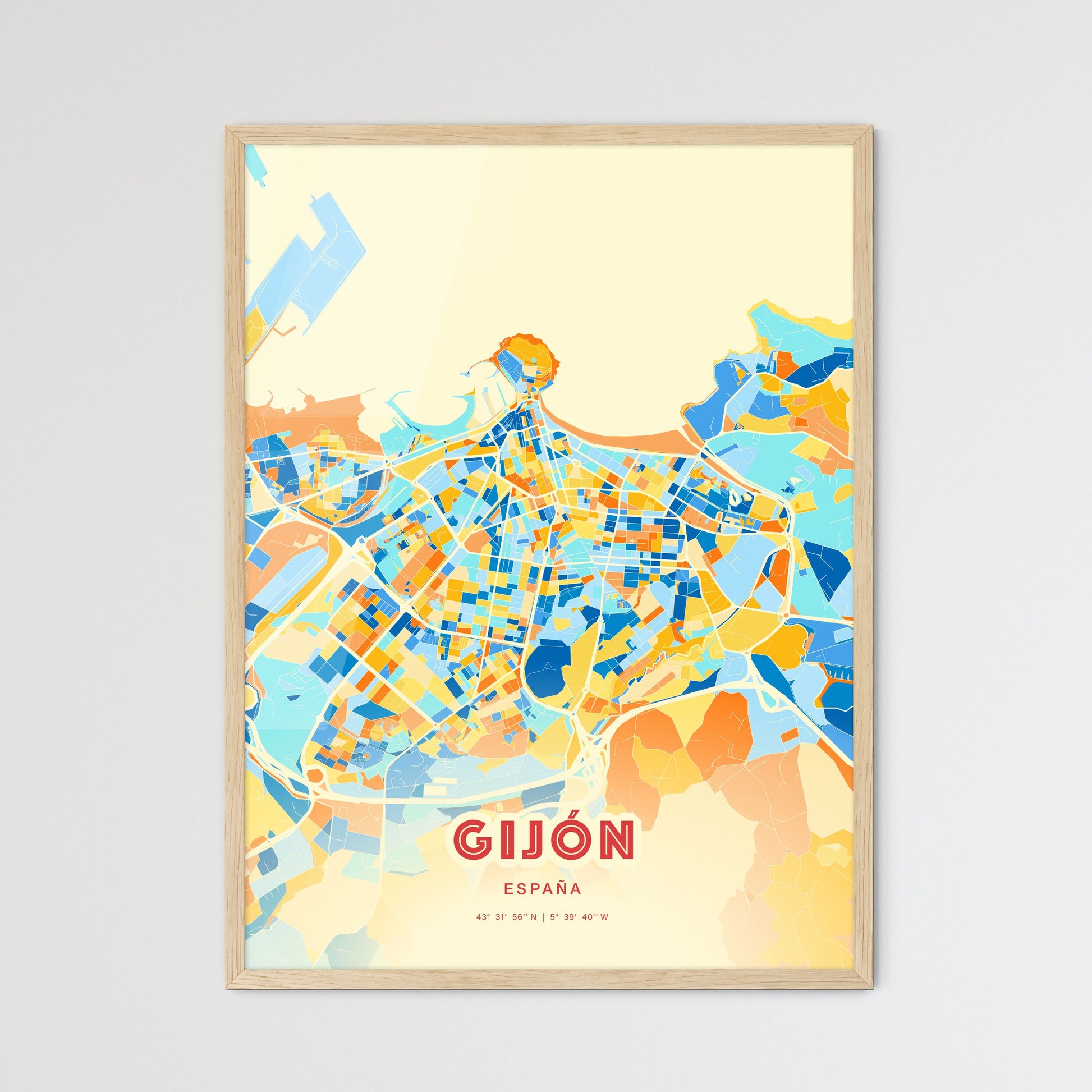 Colorful Gijón Spain Fine Art Map Blue Orange