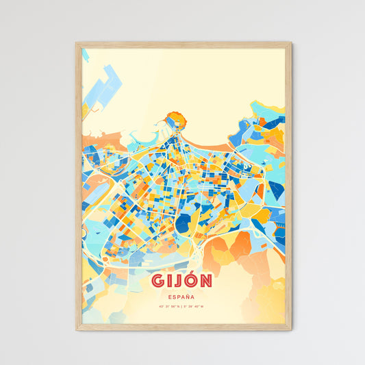 Colorful Gijón Spain Fine Art Map Blue Orange