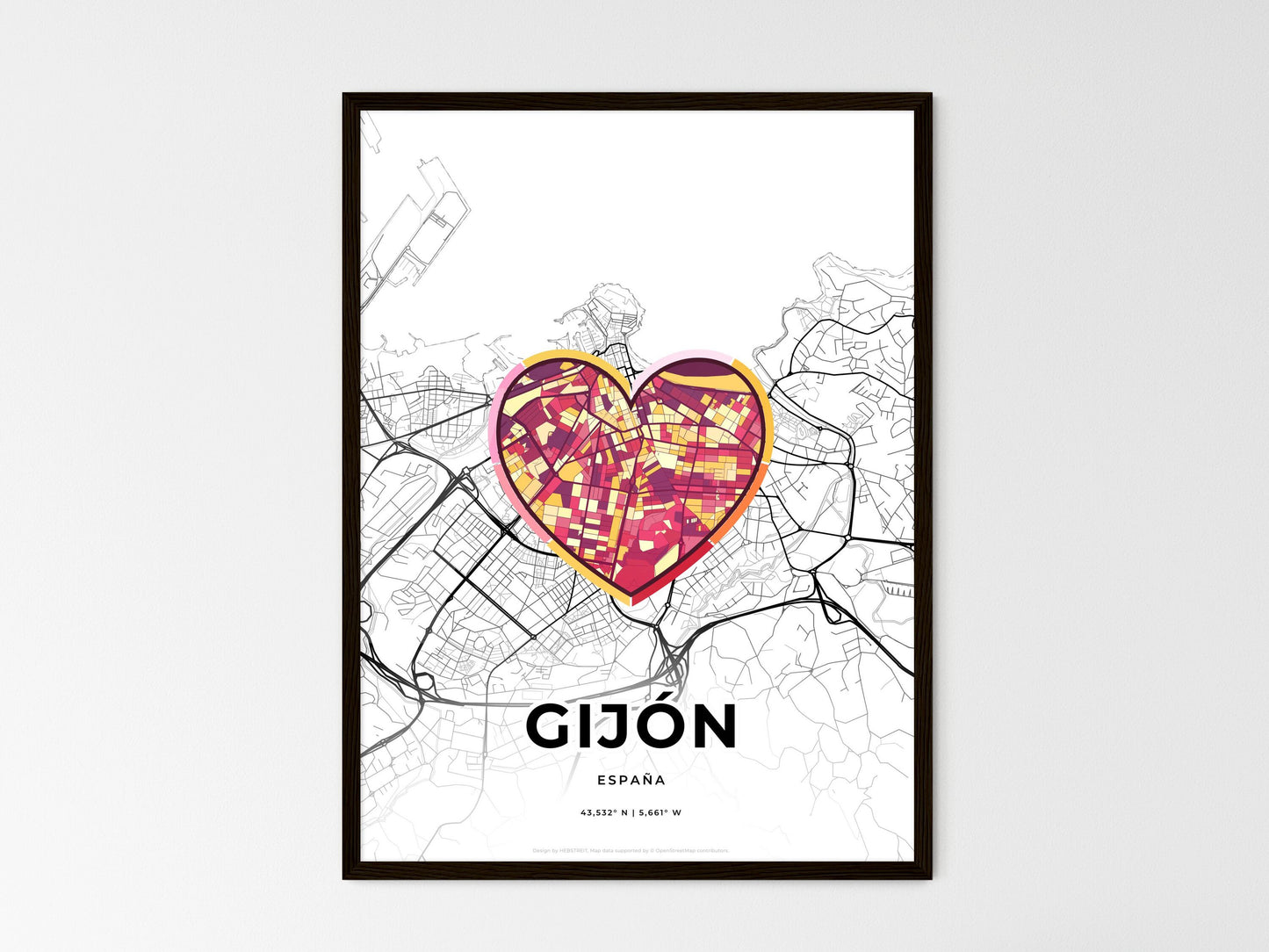 Gijón Spain wedding art map with heart icon