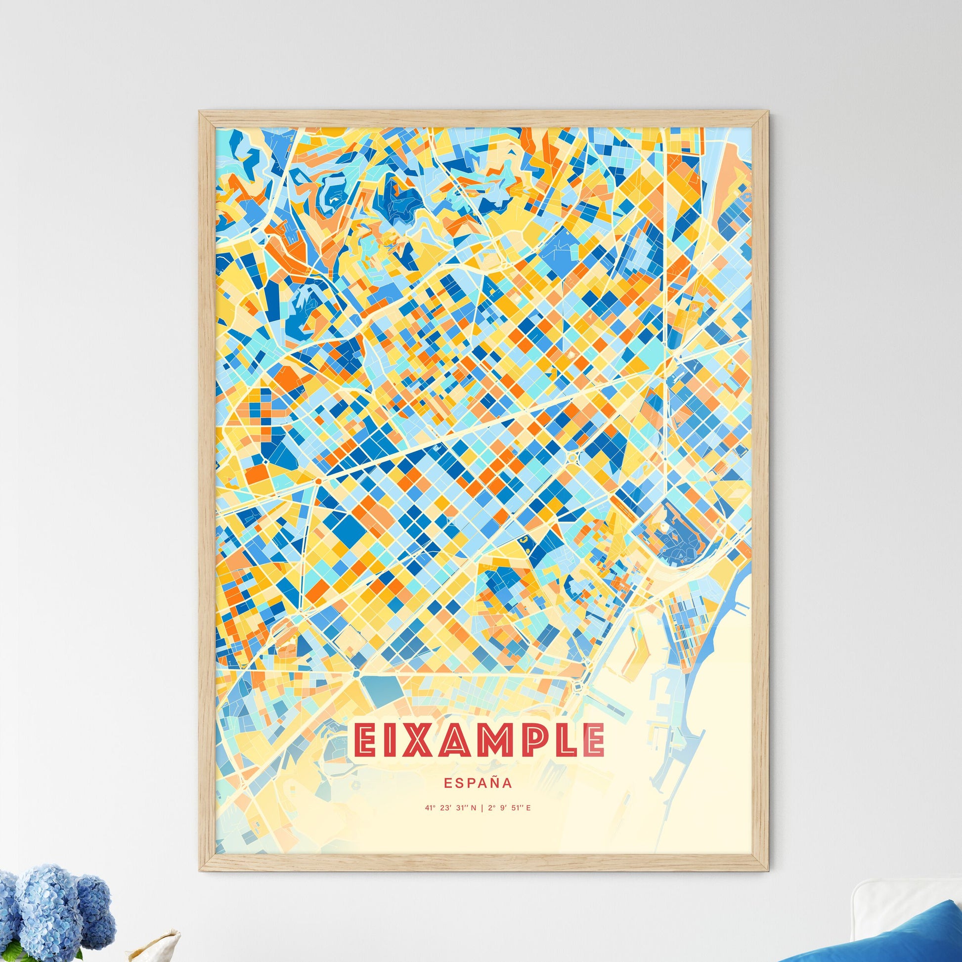 Colorful Eixample Spain Fine Art Map Blue Orange
