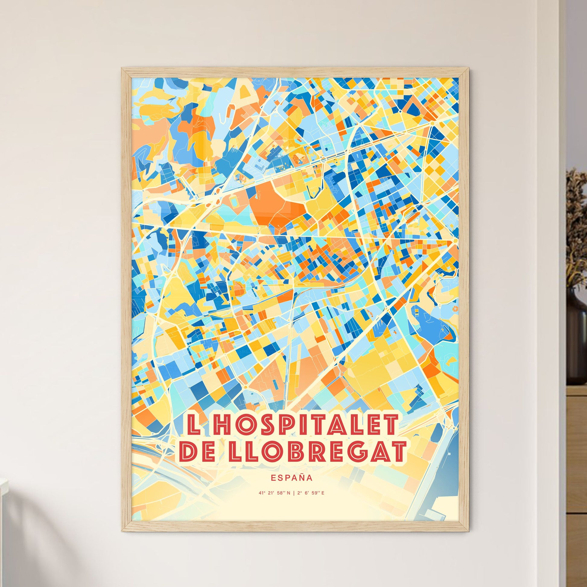 Colorful L HOSPITALET DE LLOBREGAT SPAIN Fine Art Map Blue Orange