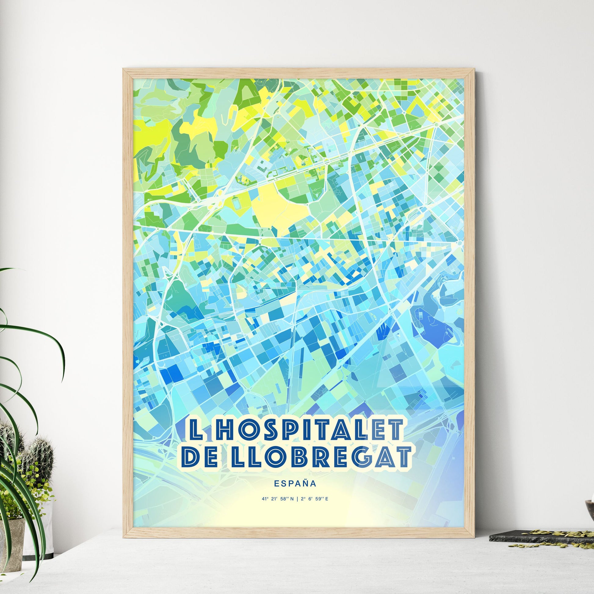 Colorful L HOSPITALET DE LLOBREGAT SPAIN Fine Art Map Cool Blue