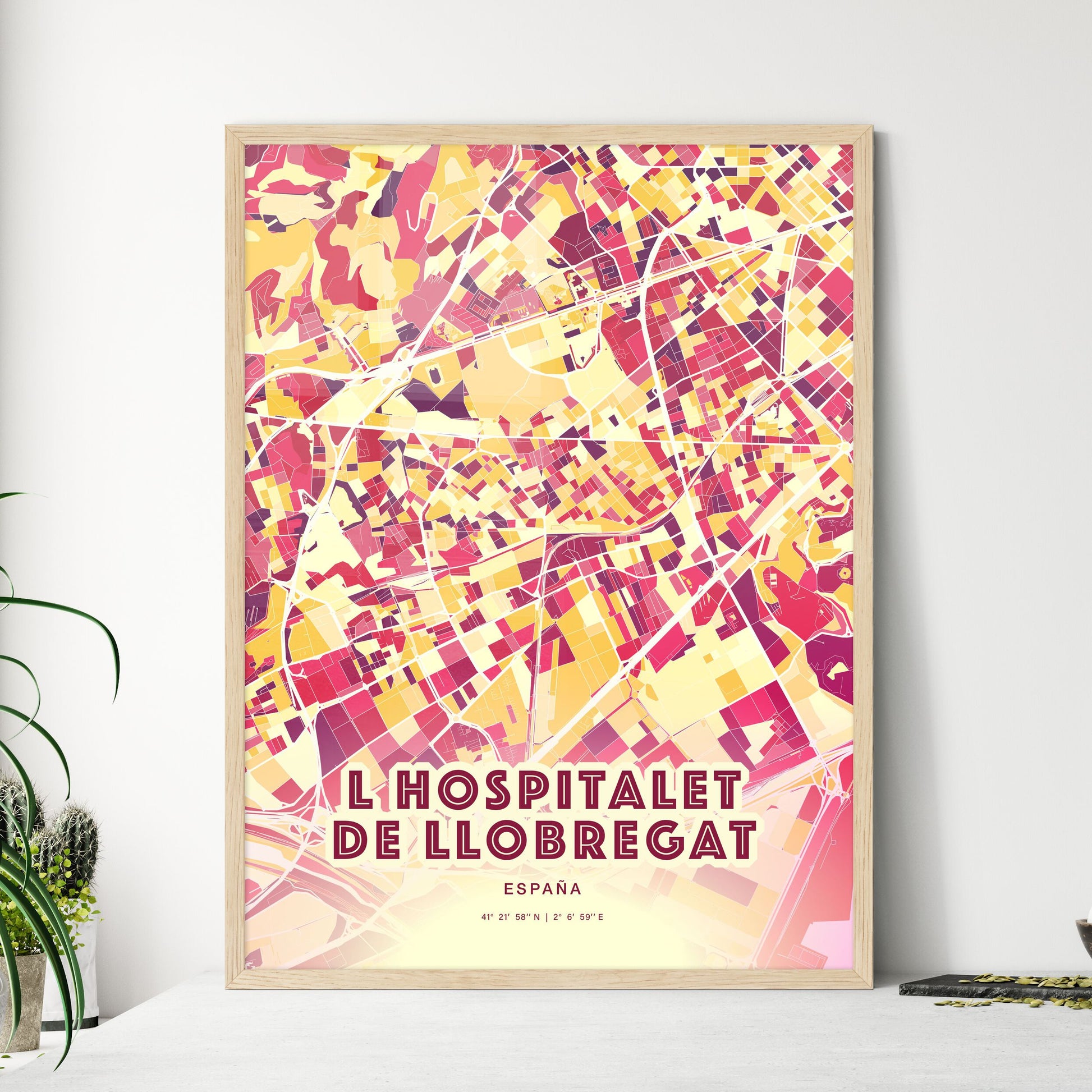 Colorful L HOSPITALET DE LLOBREGAT SPAIN Fine Art Map Hot Red