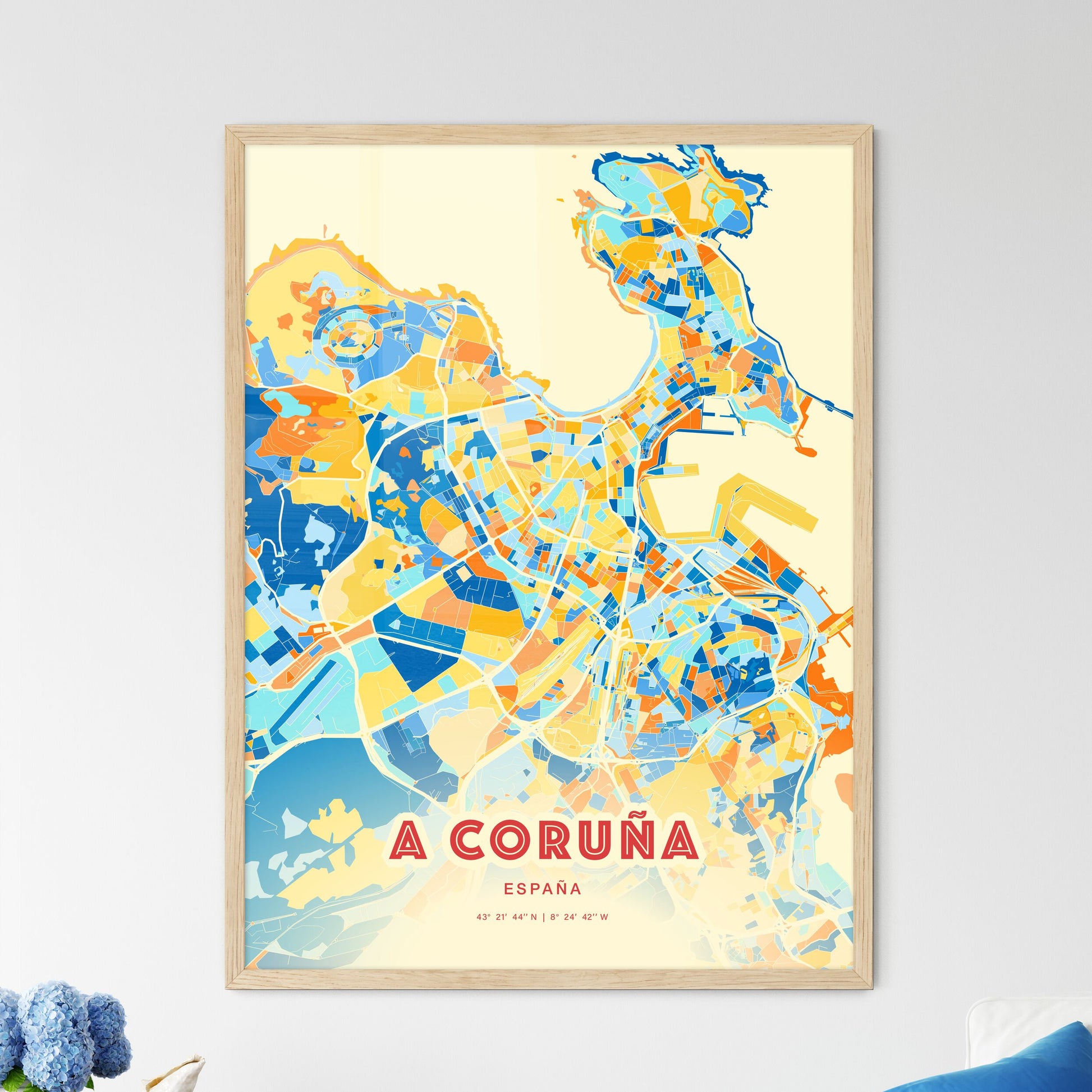Colorful A Coruña Spain Fine Art Map Blue Orange