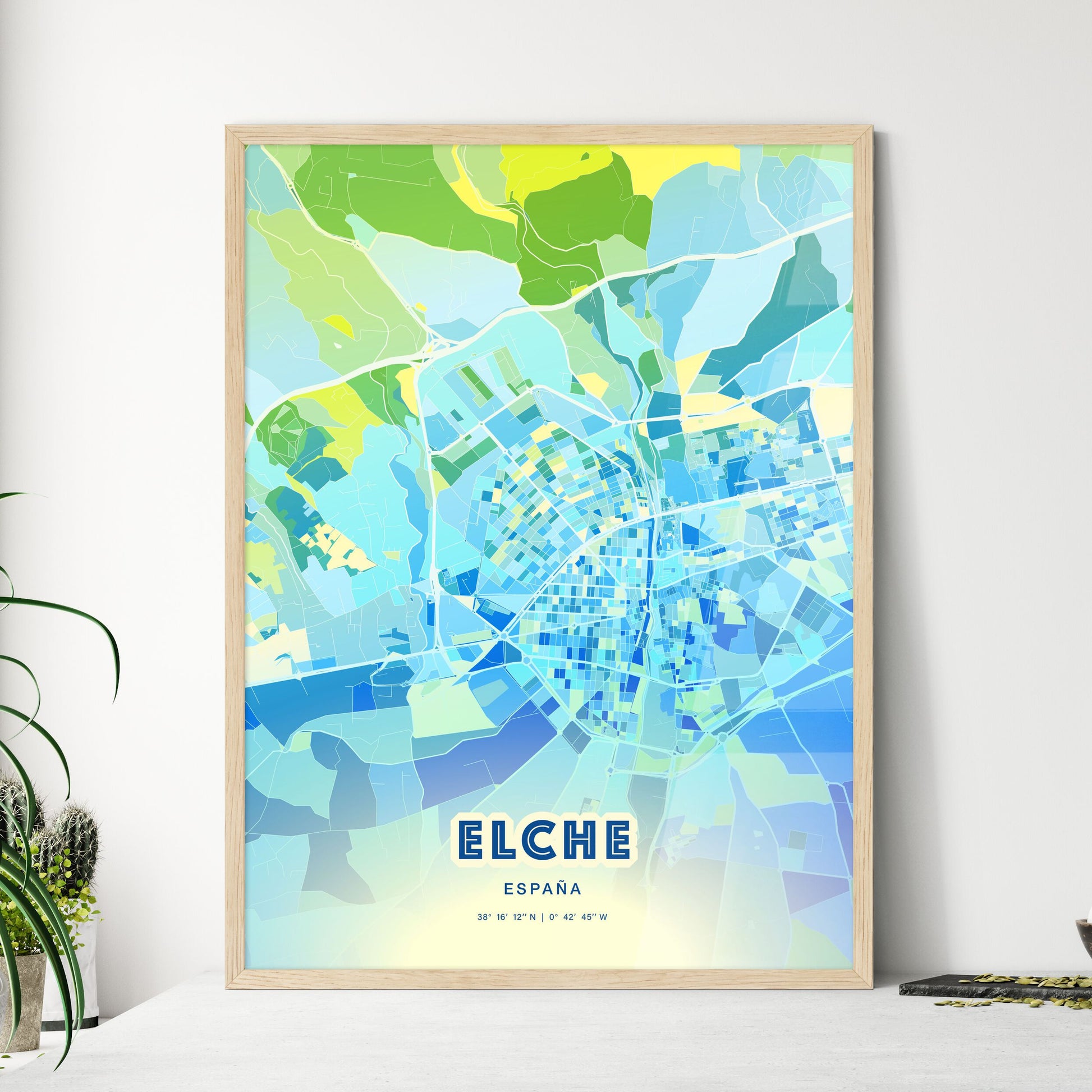 Colorful ELCHE SPAIN Fine Art Map Cool Blue