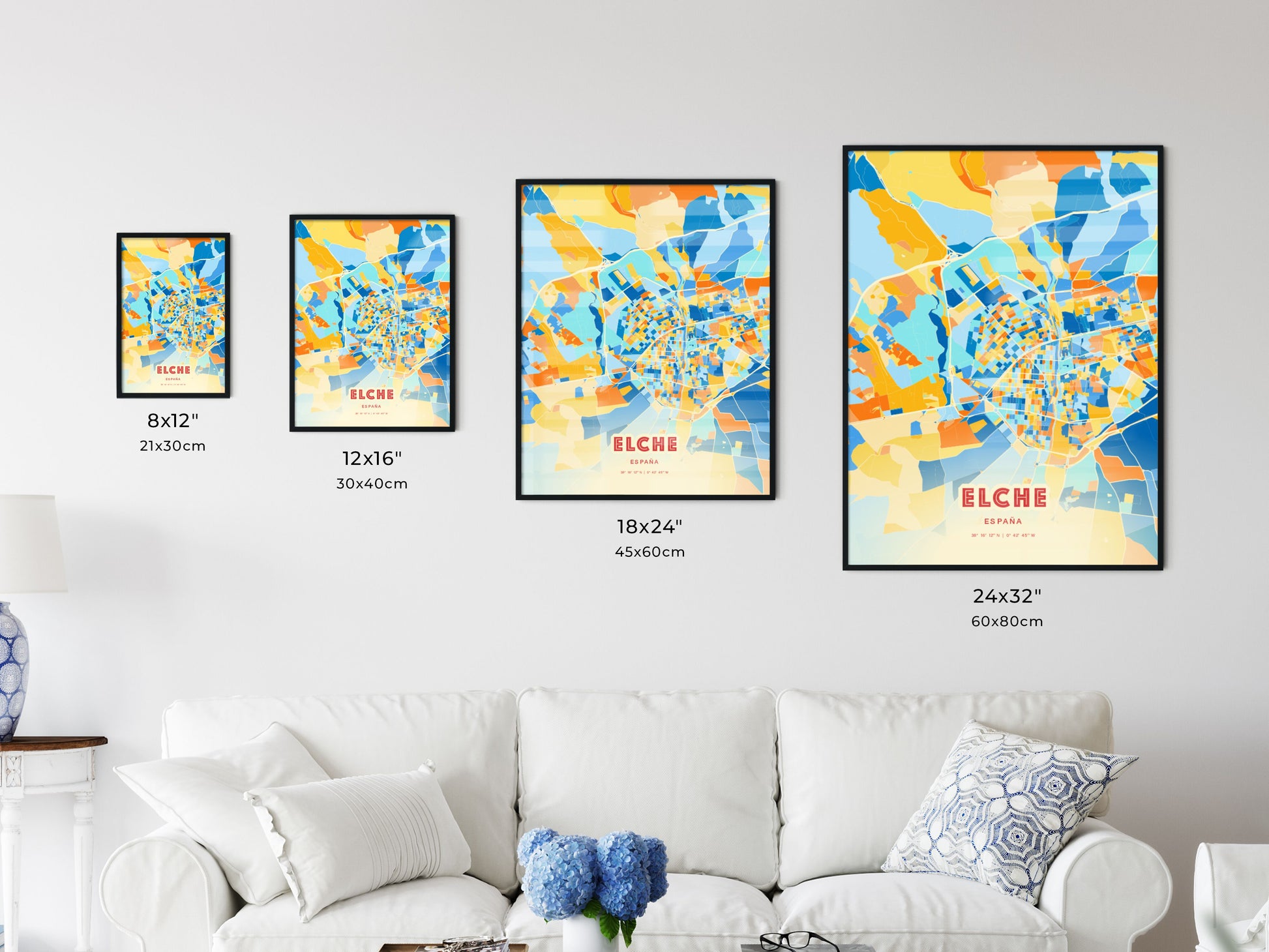 Colorful ELCHE SPAIN Fine Art Map Blue Orange