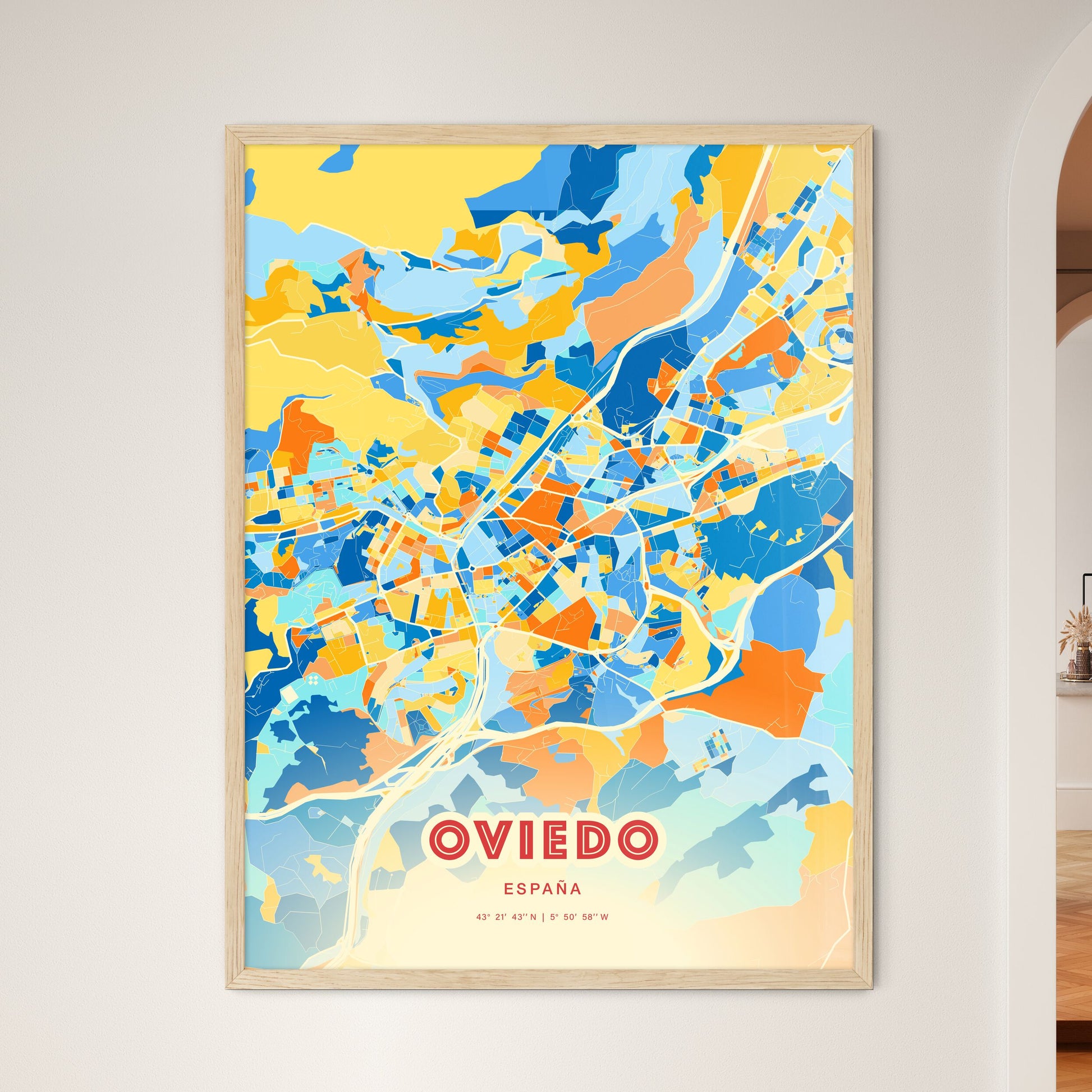 Colorful Oviedo Spain Fine Art Map Blue Orange