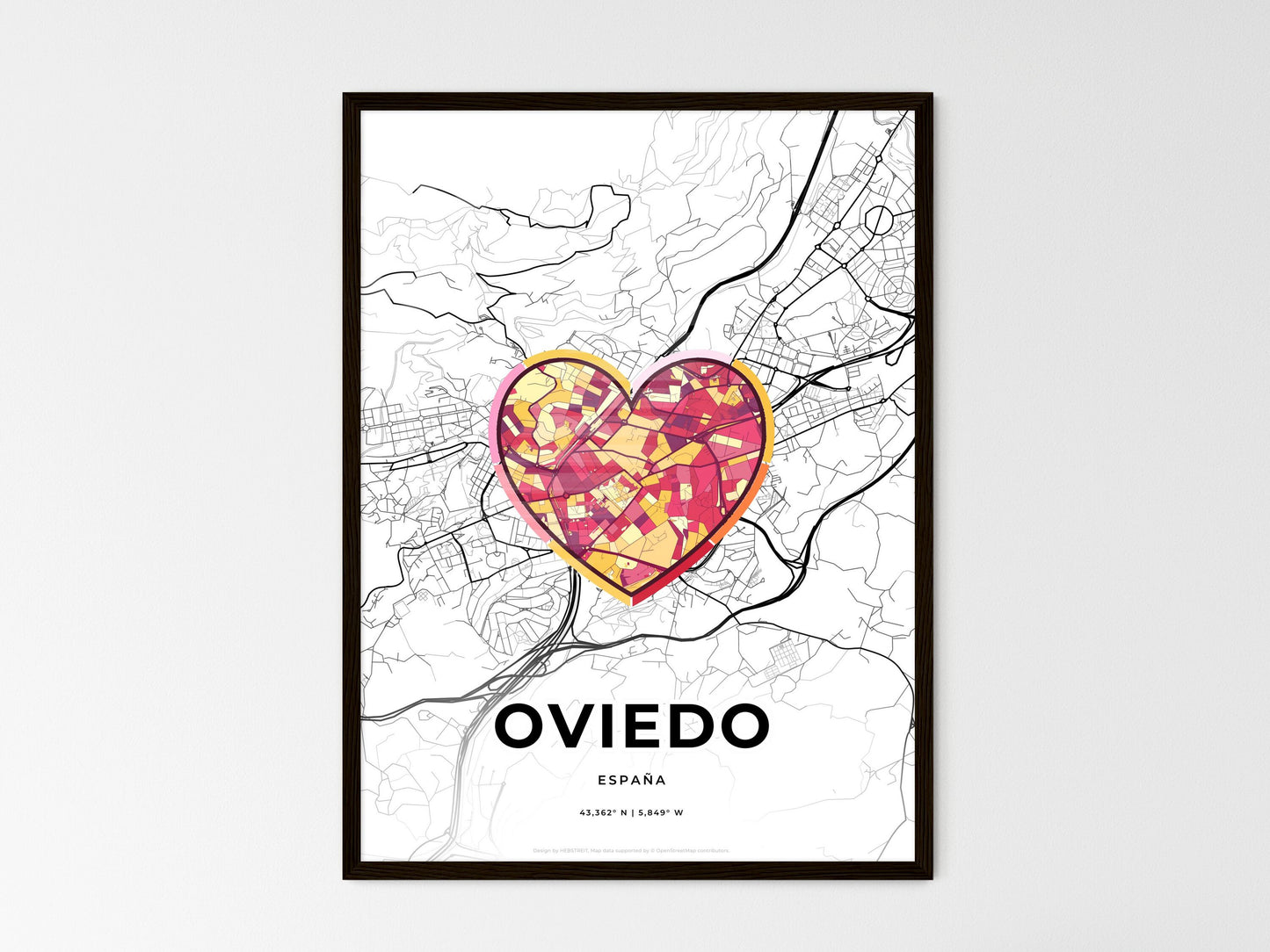 Oviedo Spain wedding art map with heart icon