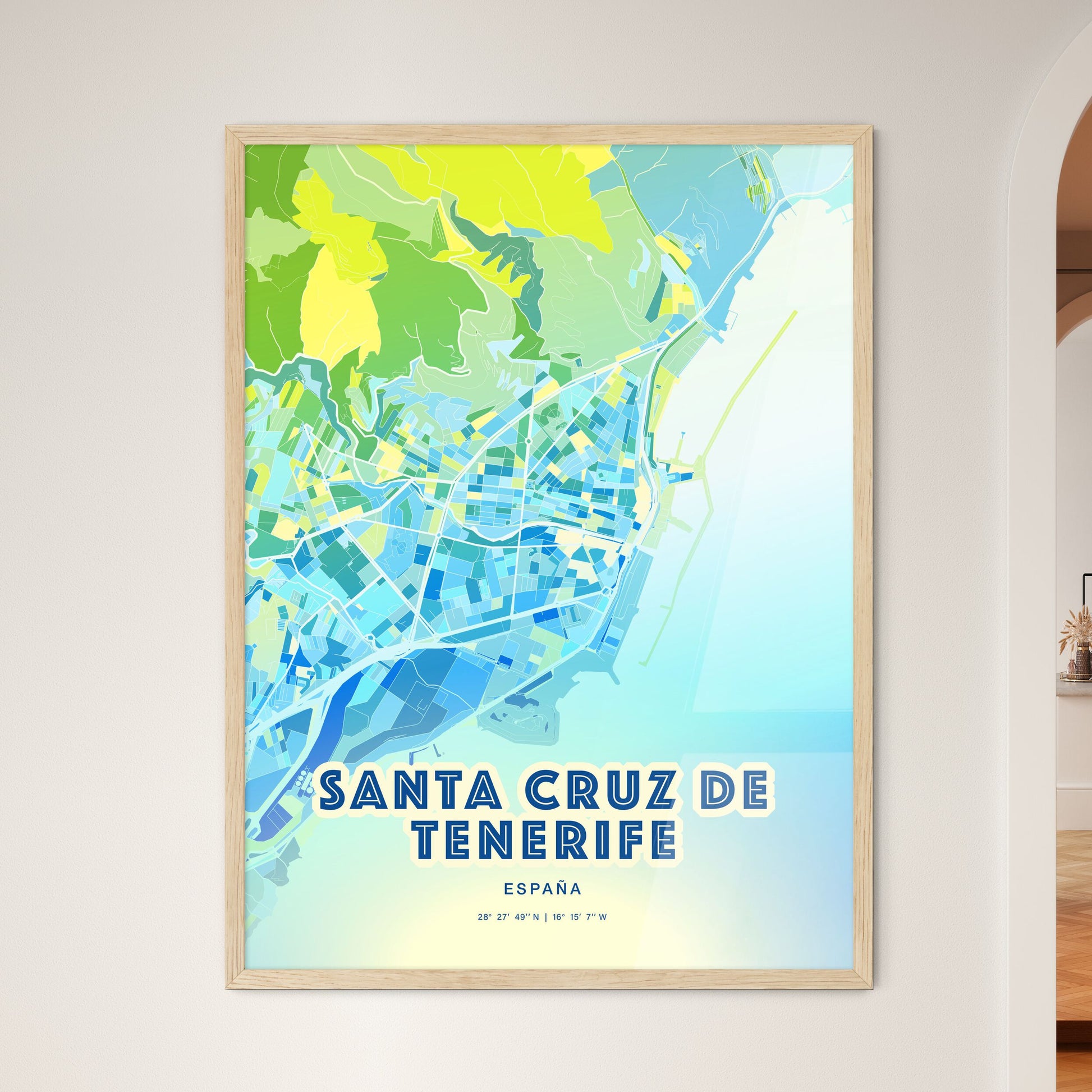 Colorful SANTA CRUZ DE TENERIFE SPAIN Fine Art Map Cool Blue